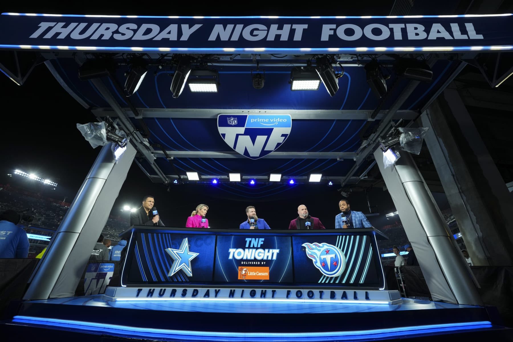NASHVILLE, TN - DECEMBER 29: Amazon Prime Video Thursday Night Football analyst Richard Sherman speaks prior to the game between the Dallas Cowboys and the Tennessee Titans at Nissan Stadium on December 29, 2022 in Nashville, Tennessee. (Photo by Cooper Neill/Getty Images)