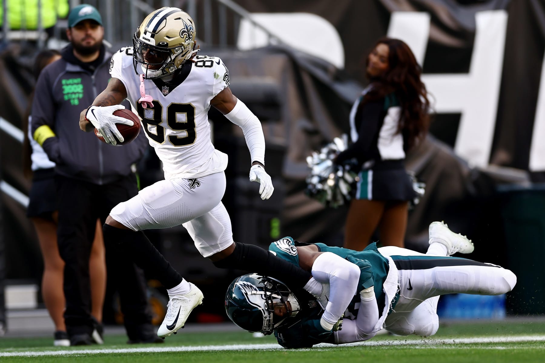 PHILADELPHIA, PENNSYLVANIA - JANUARY 01: Rashid Shaheed #89 of the New Orleans Saints is tackled by James Bradberry #24 of the Philadelphia Eagles during the second quarter at Lincoln Financial Field on January 01, 2023 in Philadelphia, Pennsylvania. (Photo by Tim Nwachukwu/Getty Images)