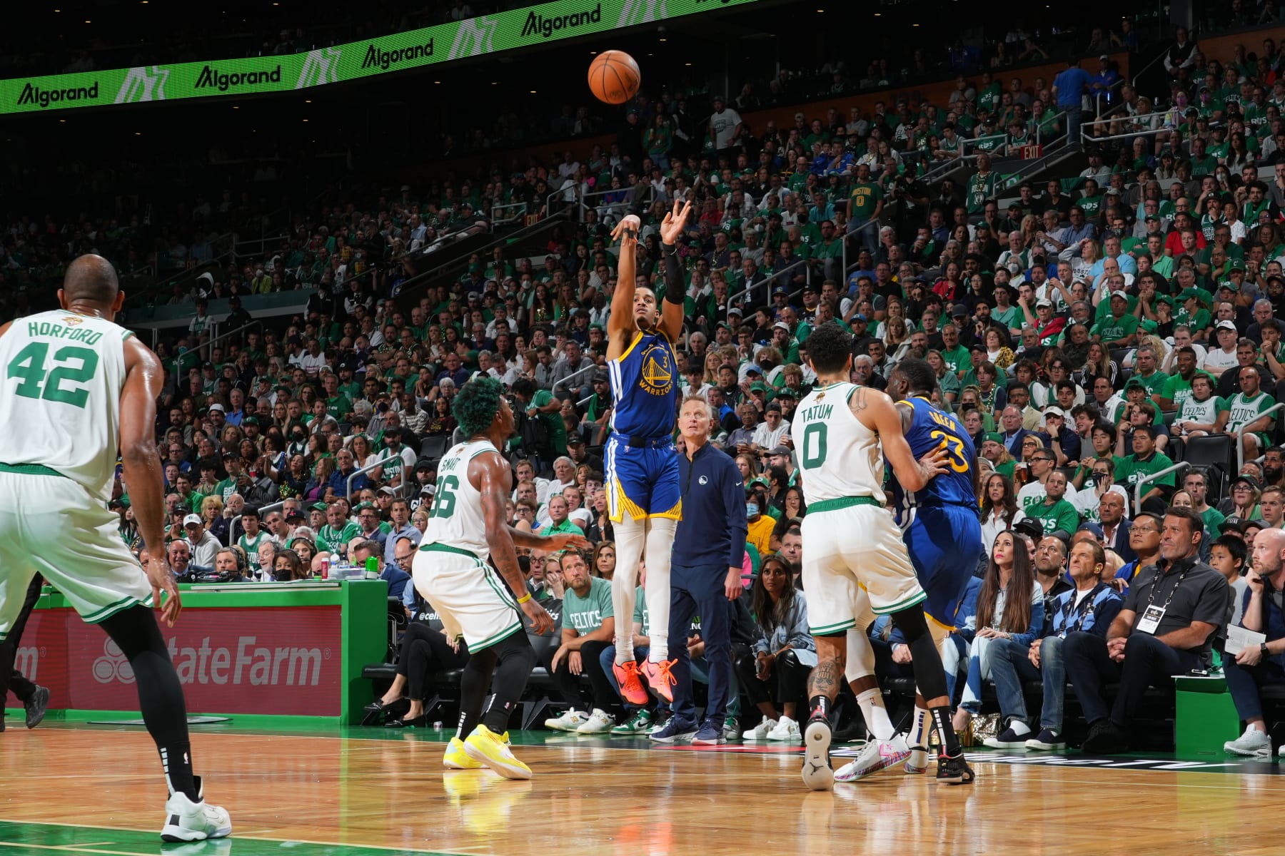 BOSTON, MA - JUNE 16: Jordan Poole #3 of the Golden State Warriors shoots a three point basket against the Boston Celtics during Game Six of the 2022 NBA Finals on June 16, 2022 at TD Garden in Boston, Massachusetts. NOTE TO USER: User expressly acknowledges and agrees that, by downloading and or using this photograph, user is consenting to the terms and conditions of Getty Images License Agreement. Mandatory Copyright Notice: Copyright 2022 NBAE (Photo by Jesse D. Garrabrant/NBAE via Getty Images)