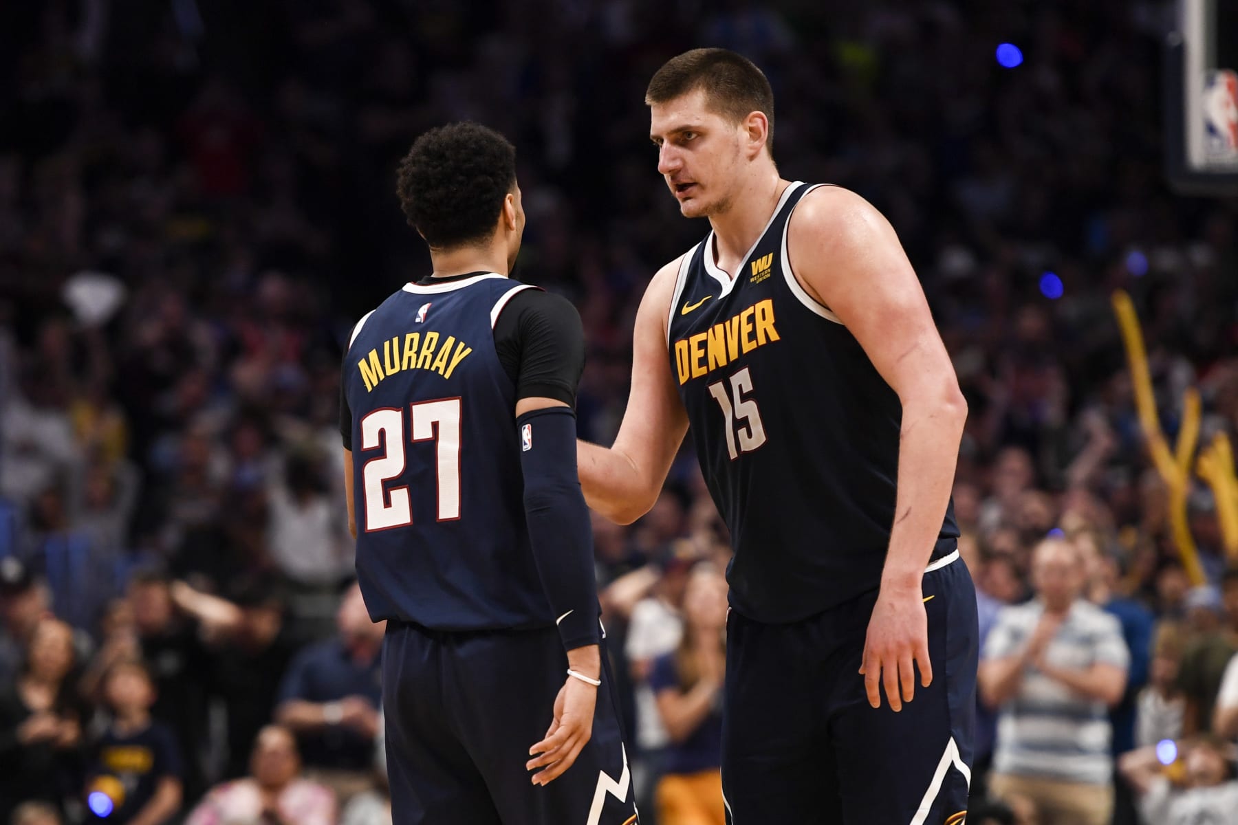 DENVER, CO - MAY 12: Nikola Jokic (15) of the Denver Nuggets pats Jamal Murray (27) on the chest after he made a jumper against the Portland Trail Blazers during the fourth quarter of the Trail Blazers' series-clinching 100-96 win on Sunday, May 12, 2019. The Denver Nuggets versus the Portland Trail Blazers in game seven of the teams' second round NBA playoff series at the Pepsi Center in Denver. (Photo by AAron Ontiveroz/MediaNews Group/The Denver Post via Getty Images)