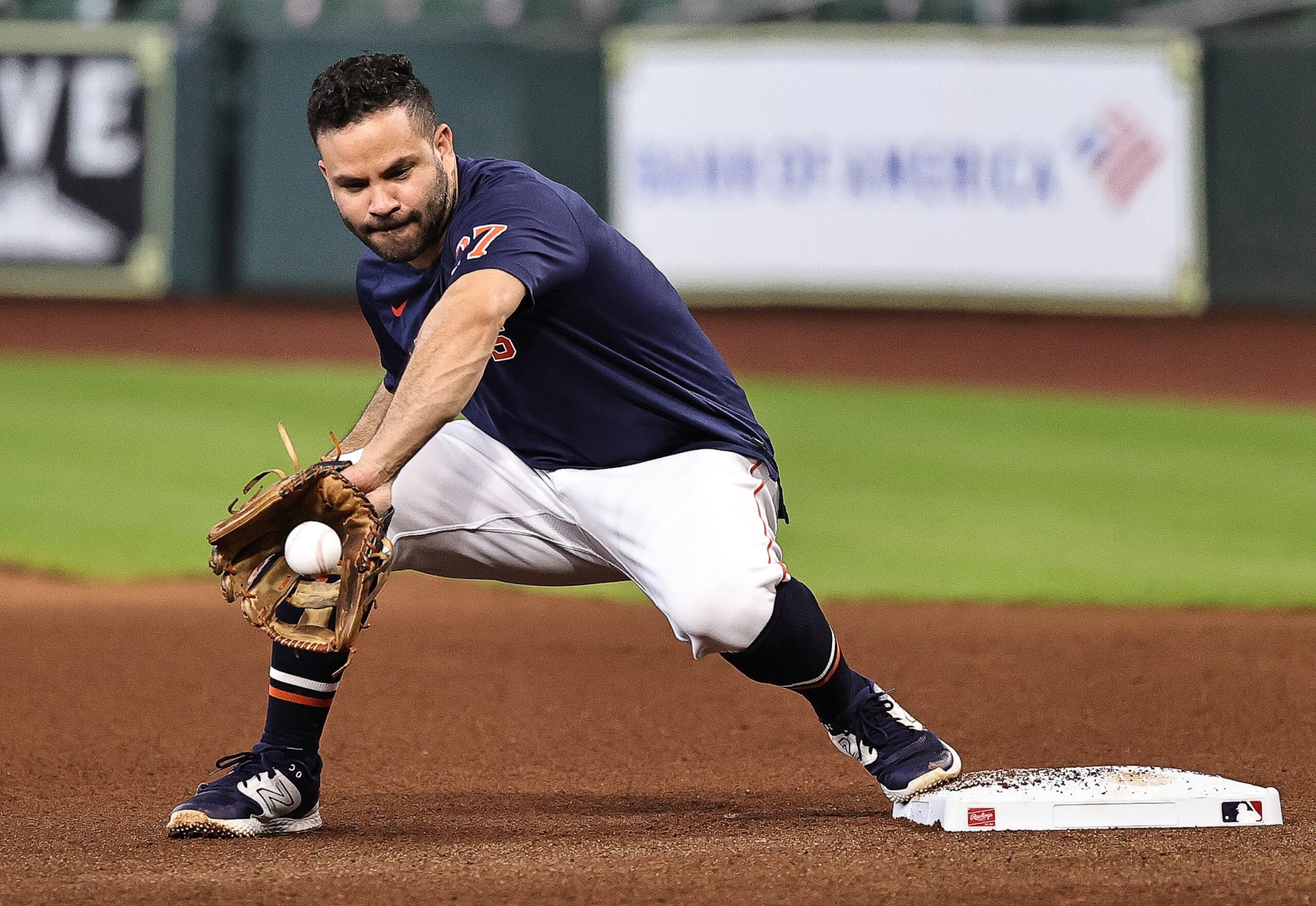HOUSTON, TEXAS - MAY 03: Jose Altuve #27 of the Houston Astros takes infield as he continues to rehab a broken right thumb at Minute Maid Park on May 03, 2023 in Houston, Texas. (Photo by Bob Levey/Getty Images)