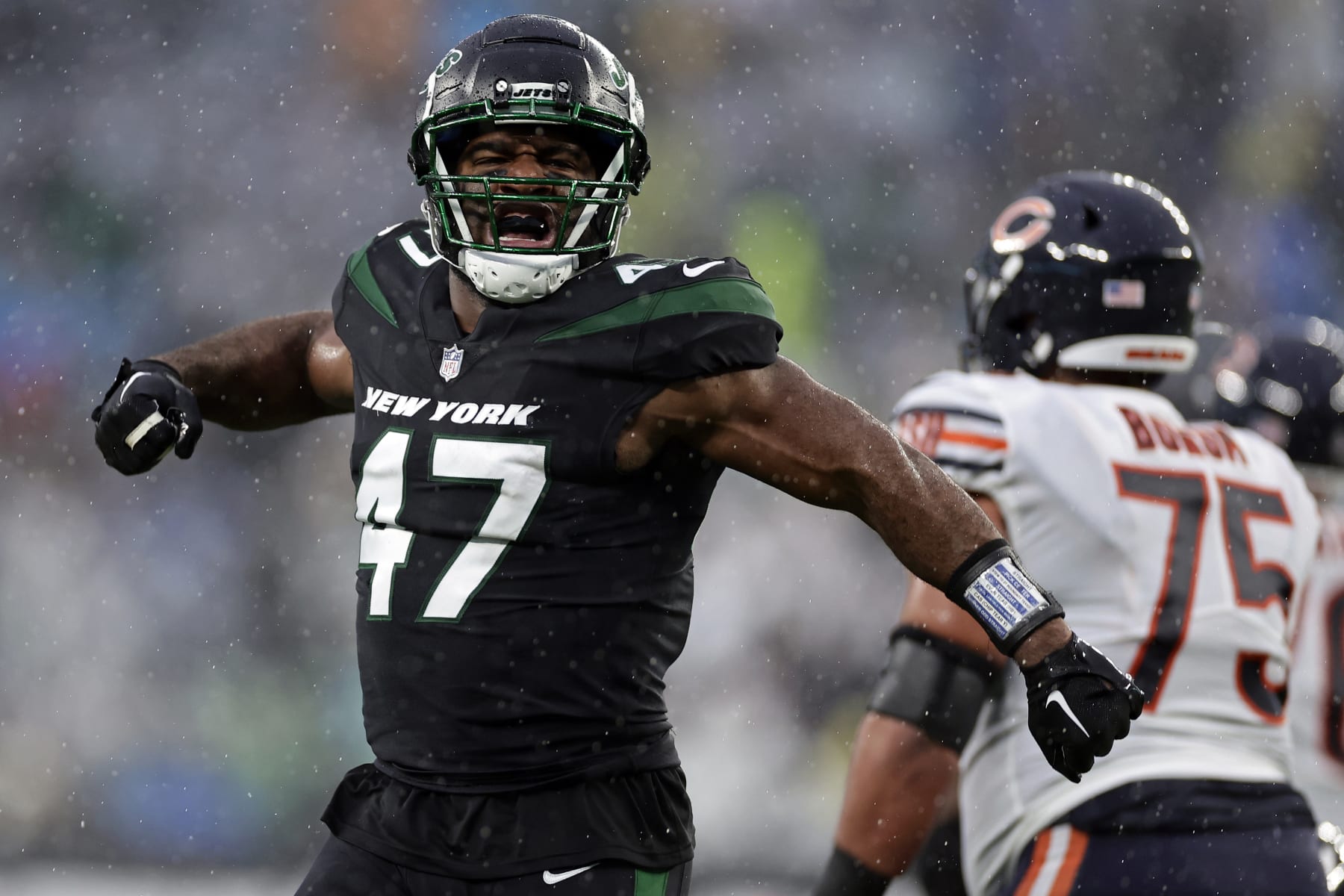 New York Jets defensive end Bryce Huff (47) reacts against the Chicago Bears during an NFL football game Sunday, Nov. 27, 2022, in East Rutherford, N.J. (AP Photo/Adam Hunger)