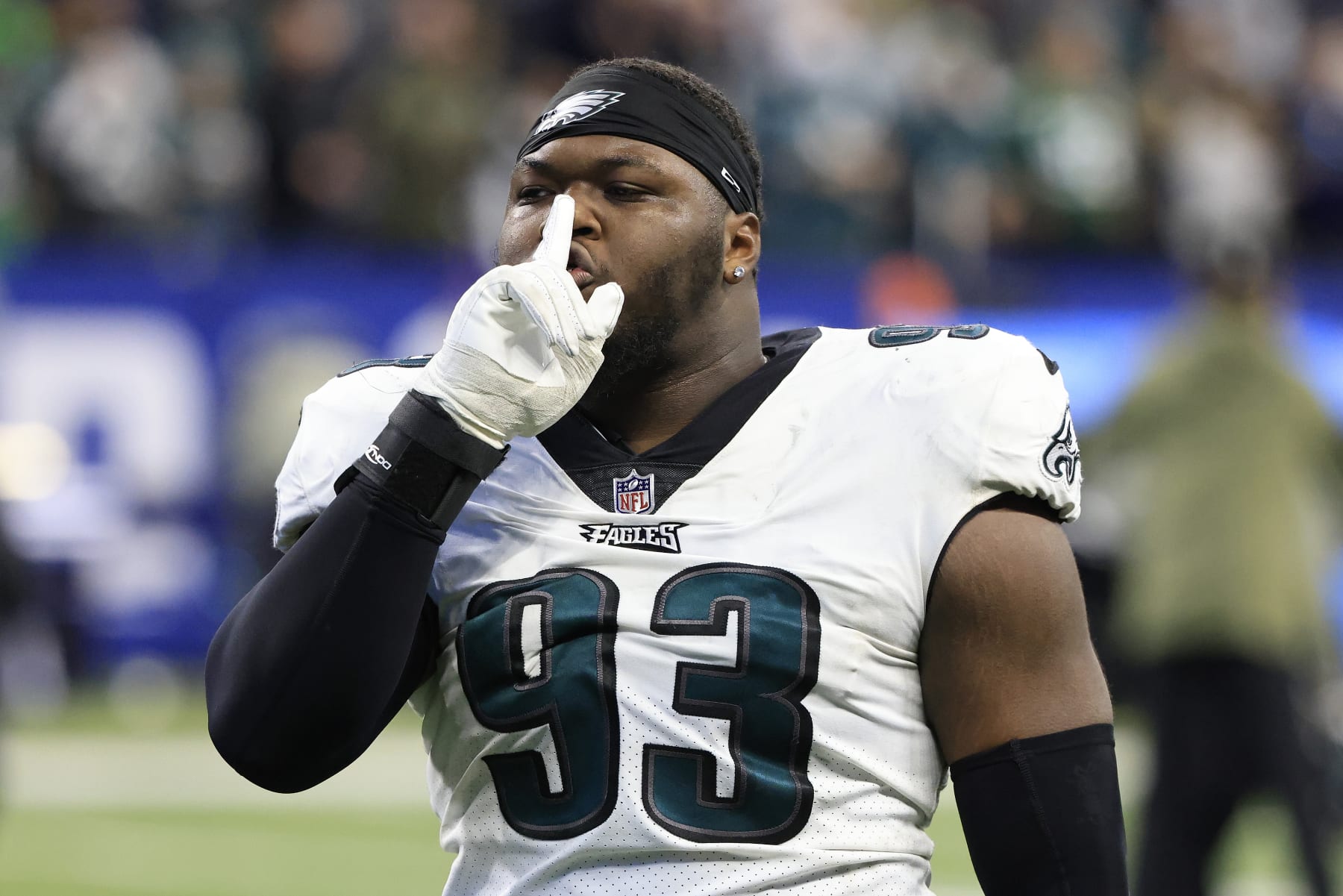 INDIANAPOLIS, INDIANA - NOVEMBER 20: Milton Williams #93 of the Philadelphia Eagles walks off the field after a win over the Indianapolis Colts at Lucas Oil Stadium on November 20, 2022 in Indianapolis, Indiana. (Photo by Justin Casterline/Getty Images)