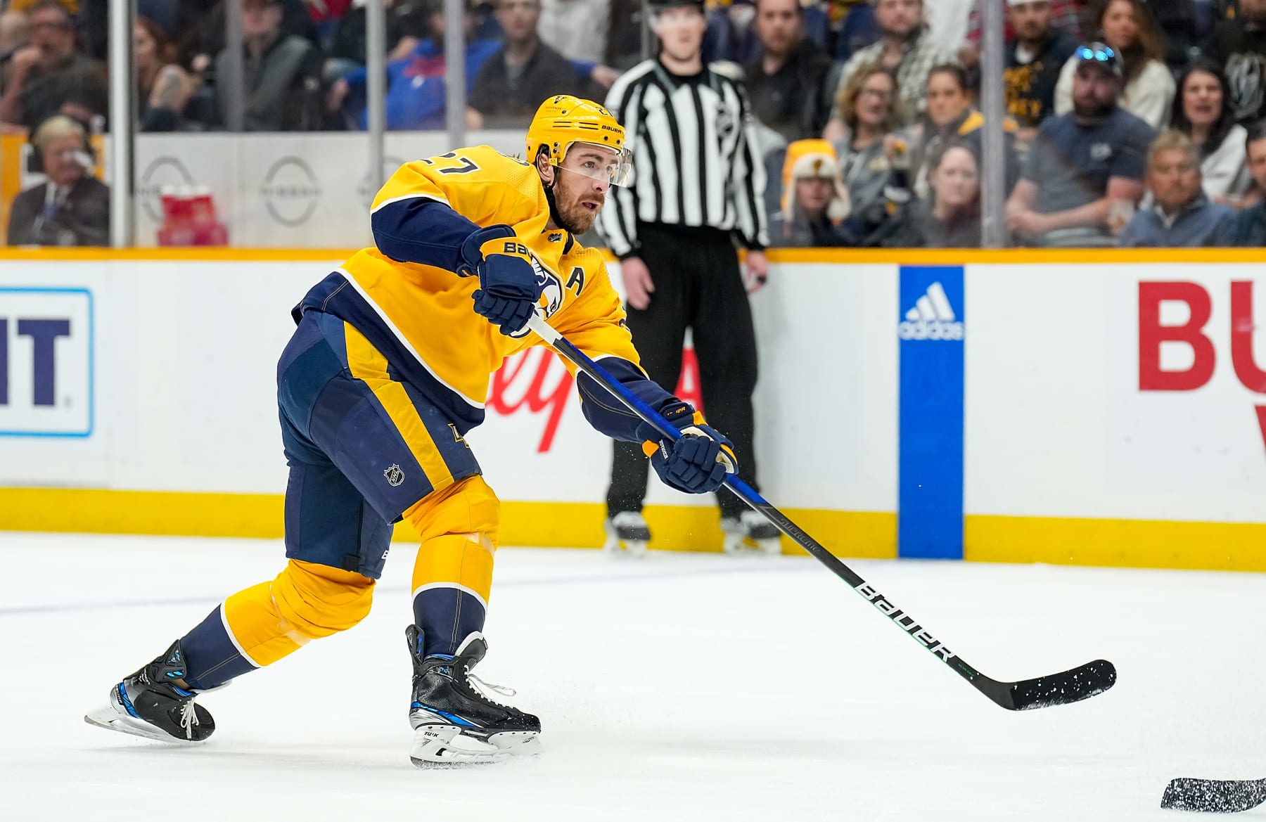 NASHVILLE, TENNESSEE - APRIL 4: Ryan McDonagh #27 of the Nashville Predators skates against the Vegas Golden Knights during an NHL game at Bridgestone Arena on April 4, 2023 in Nashville, Tennessee. (Photo by John Russell/NHLI via Getty Images)