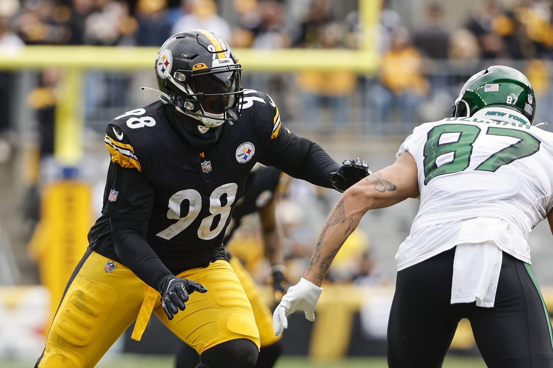 Pittsburgh Steelers defensive end DeMarvin Leal during an NFL football game against the New York Jets at Acrisure Stadium, Sunday, Oct. 2, 2022 in Pittsburgh, Penn. (Winslow Townson/AP Images for Panini)