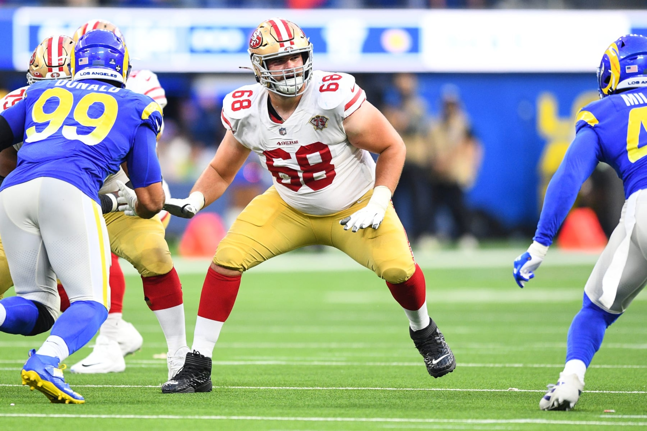 INGLEWOOD, CA - JANUARY 09: San Francisco 49ers Offensive Guard Colton McKivitz (68) blocks during the NFL game between the San Francisco 49ers and the Los Angeles Rams on January 9, 2022, at SoFi Stadium in Inglewood, CA. (Photo by Brian Rothmuller/Icon Sportswire via Getty Images)