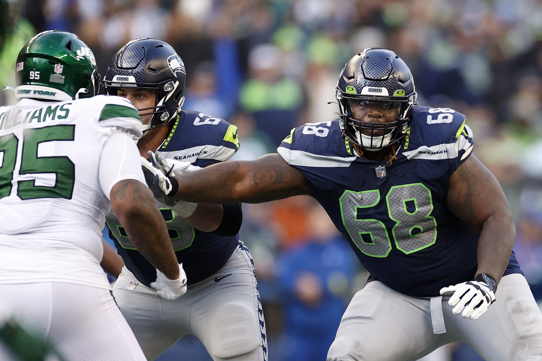 SEATTLE, WASHINGTON - JANUARY 01: Damien Lewis #68 of the Seattle Seahawks in action during the fourth quarter against the New York Jets at Lumen Field on January 01, 2023 in Seattle, Washington. (Photo by Steph Chambers/Getty Images)