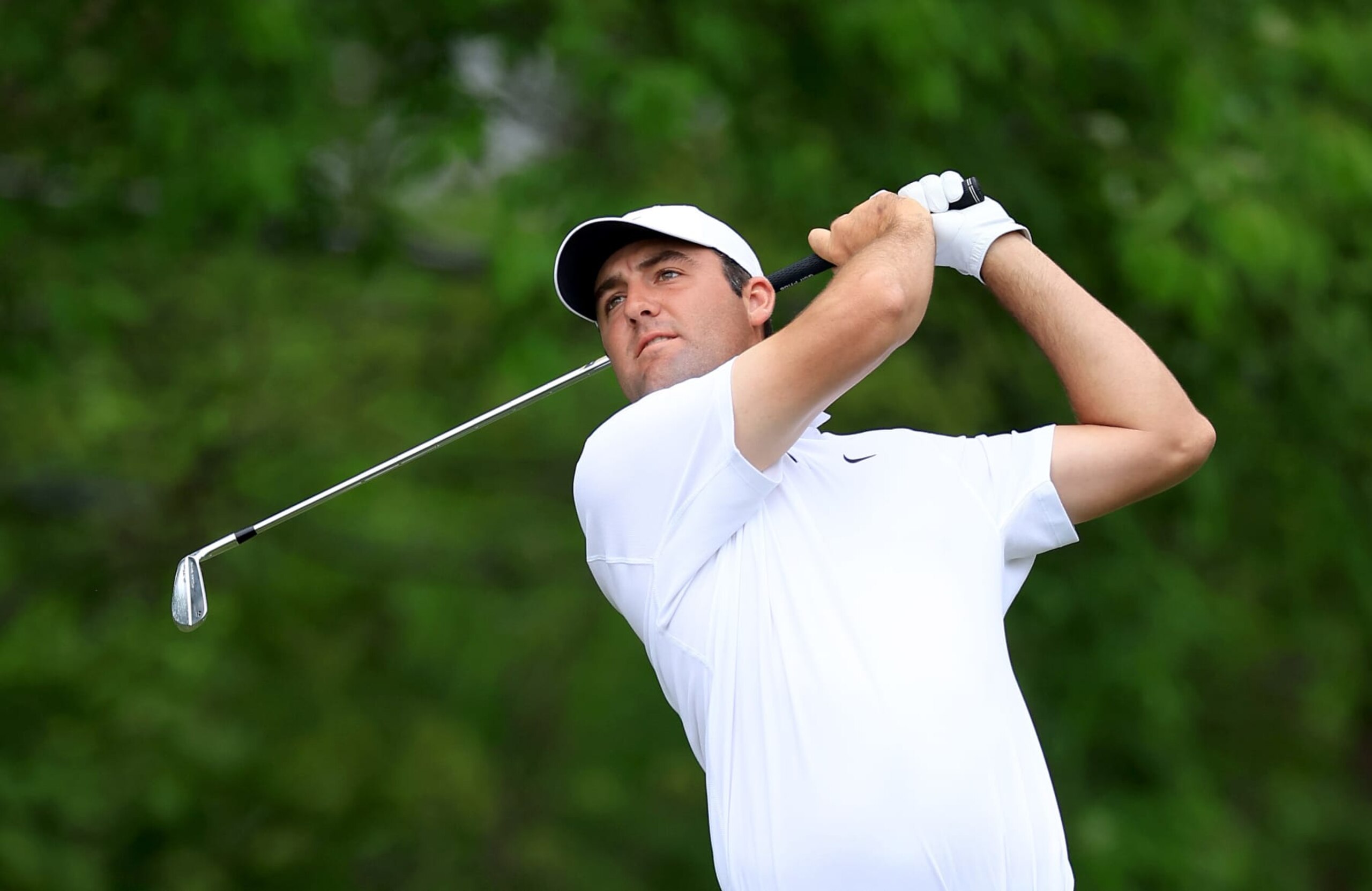 ROCHESTER, NEW YORK - MAY 19: Scottie Scheffler of The United States plays his tee shot on the third hole during the second round of the 2023 PGA Championship at Oak Hill Country Club on May 19, 2023 in Rochester, New York. (Photo by David Cannon/Getty Images)