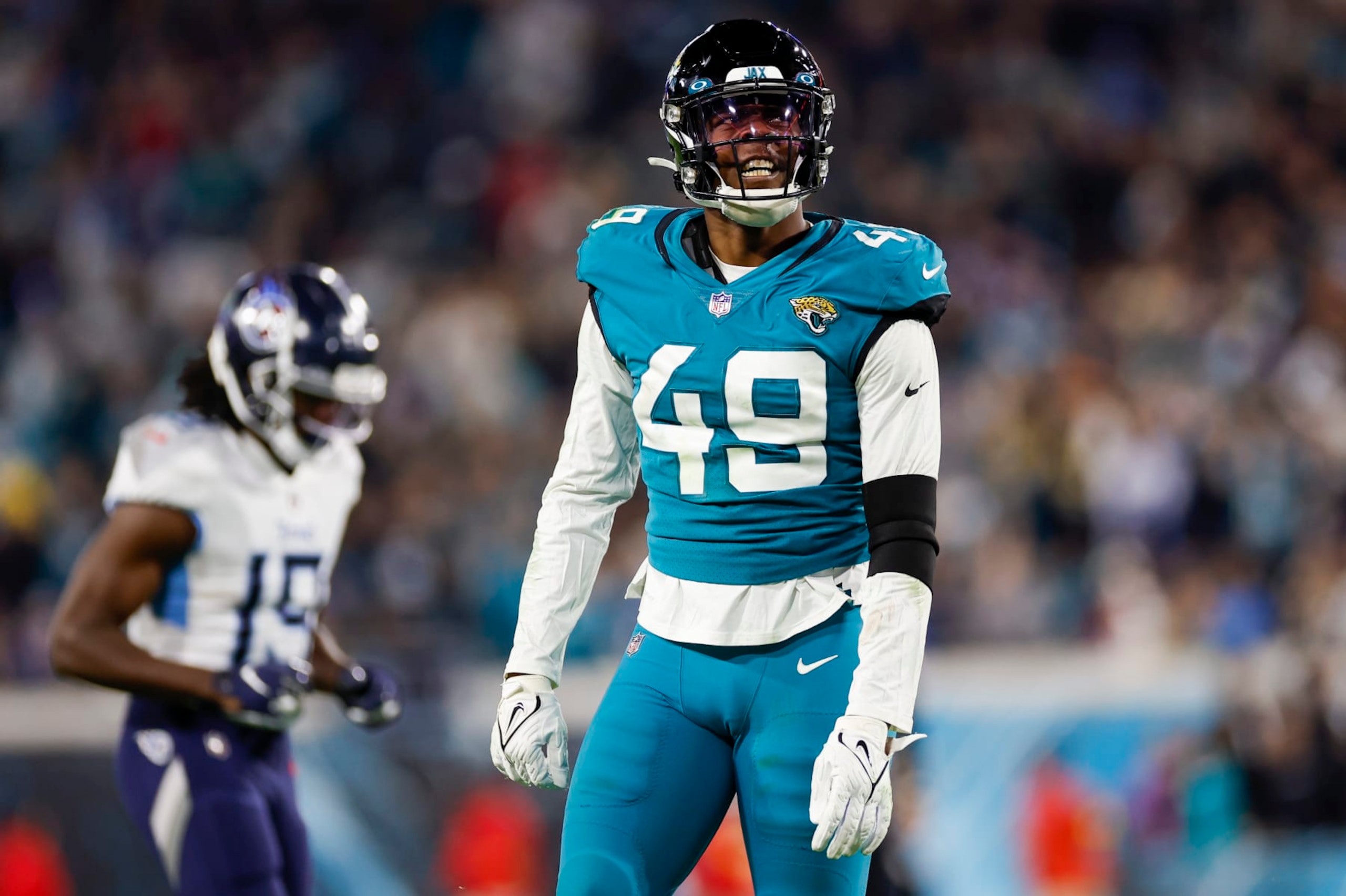 JACKSONVILLE, FL - JANUARY 07: Jacksonville Jaguars defensive end Arden Key (49) reacts after a play during the game between the Tennessee Titans and the Jacksonville Jaguars and the  on January 7, 2023 at TIAA Bank Field in Jacksonville, Fl. (Photo by David Rosenblum/Icon Sportswire via Getty Images)