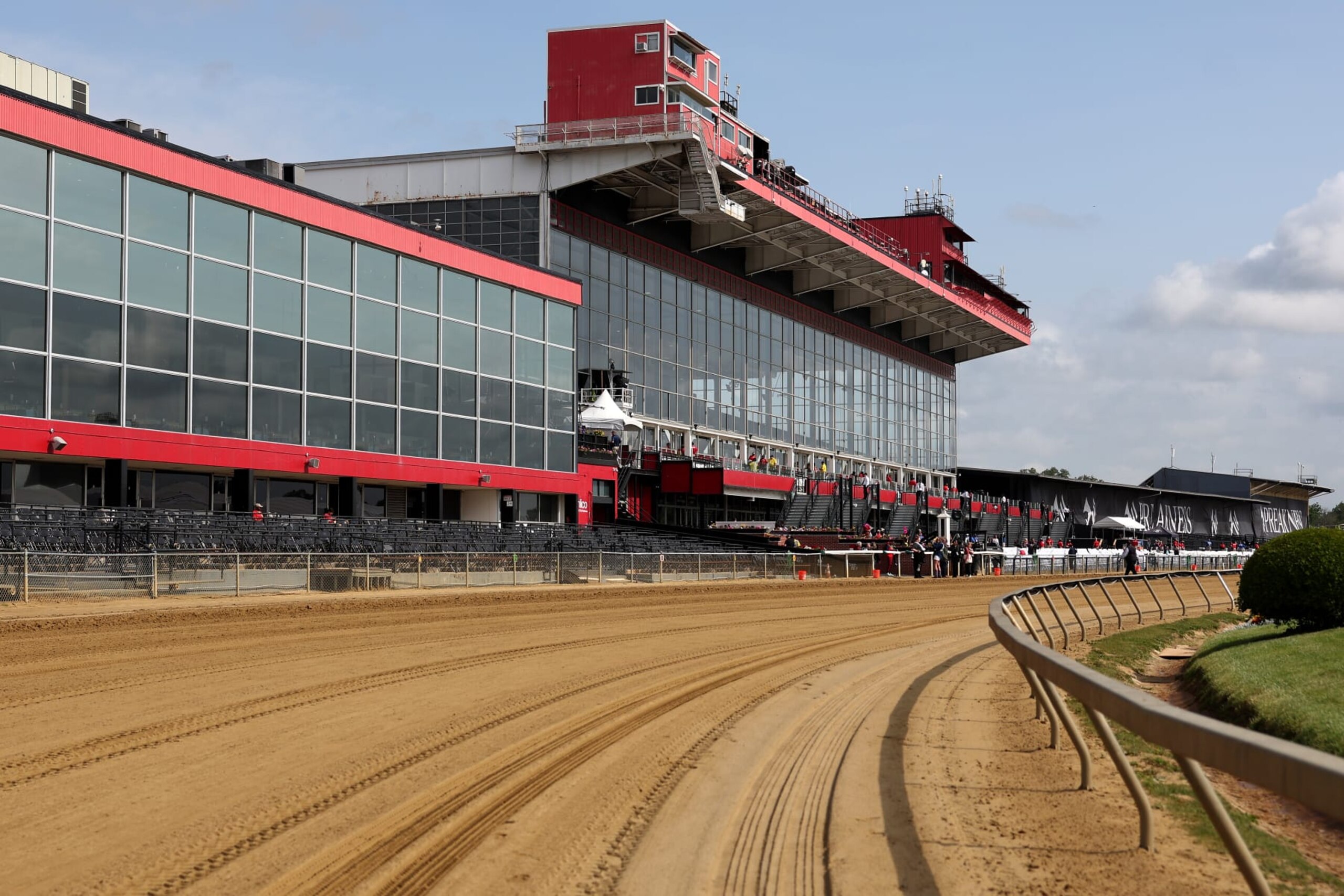 BALTIMORE, MARYLAND - MAY 19: A general view of the front stretch and grandstand are seen ahead of the 148th Running of the Preakness Stakes at Pimlico Race Course on May 19, 2023 in Baltimore, Maryland. (Photo by Patrick Smith/Getty Images)