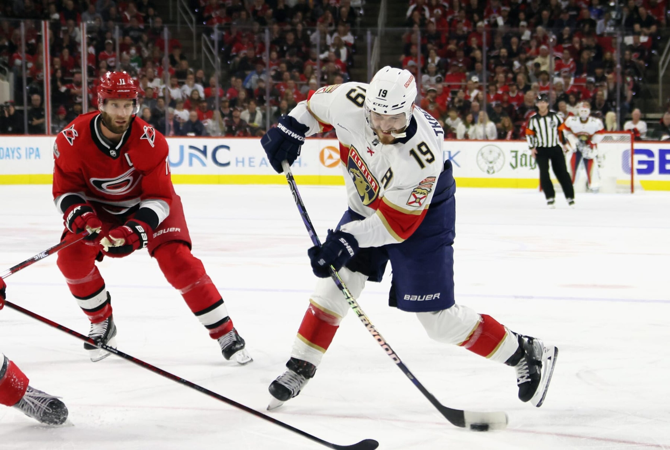 RALEIGH, NORTH CAROLINA - MAY 18: Matthew Tkachuk #19 of the Florida Panthers skates against the Carolina Hurricanes in Game One of the Eastern Conference Finals of the 2023 Stanley Cup Playoffs at PNC Arena on May 18, 2023 in Raleigh, North Carolina. The Panthers defeated the Hurricanes 3-2 in the fourth overtime period. (Photo by Bruce Bennett/Getty Images)