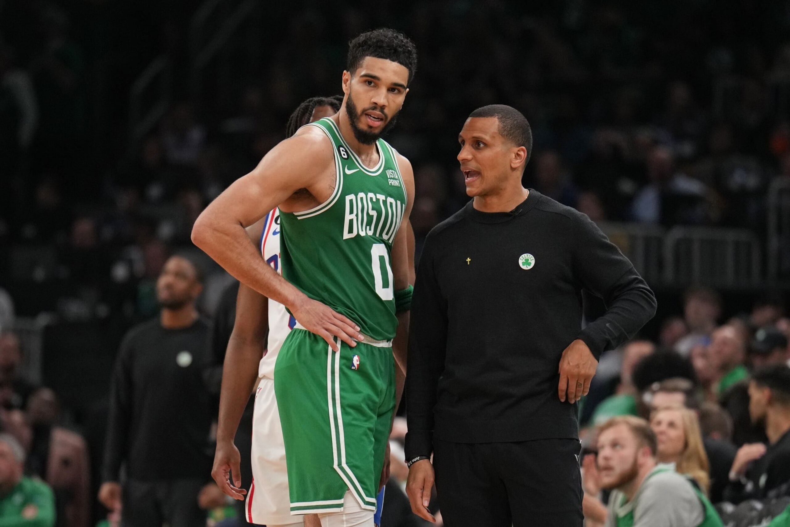 BOSTON, MA - MAY 14: Jayson Tatum #0 of the Boston Celtics & Head Coach Joe Mazzulla of the Boston Celtics looks on during the game on May 14, 2023 at the TD Garden in Boston, Massachusetts. NOTE TO USER: User expressly acknowledges and agrees that, by downloading and or using this photograph, User is consenting to the terms and conditions of the Getty Images License Agreement. Mandatory Copyright Notice: Copyright 2023 NBAE  (Photo by Jesse D. Garrabrant/NBAE via Getty Images)
