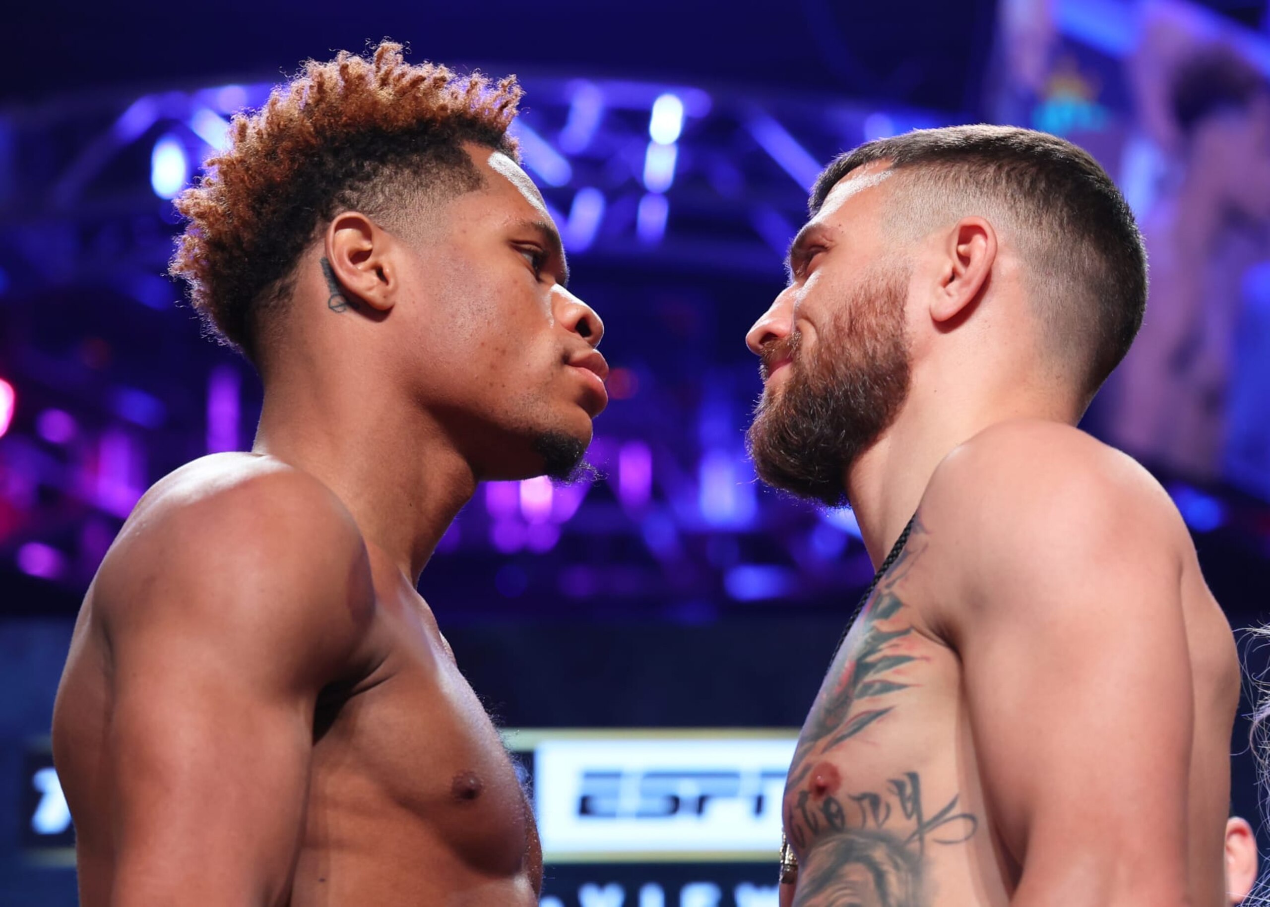 LAS VEGAS, NEVADA - MAY 19: Devin Haney (L) and Vasiliy Lomachenko (R) face-off during the weigh in prior to their May 20th Undisputed lightweight championship fight at MGM Grand Hotel & Casino on May 19, 2023 in Las Vegas, Nevada. (Photo by Mikey Williams/Top Rank Inc via Getty Images)