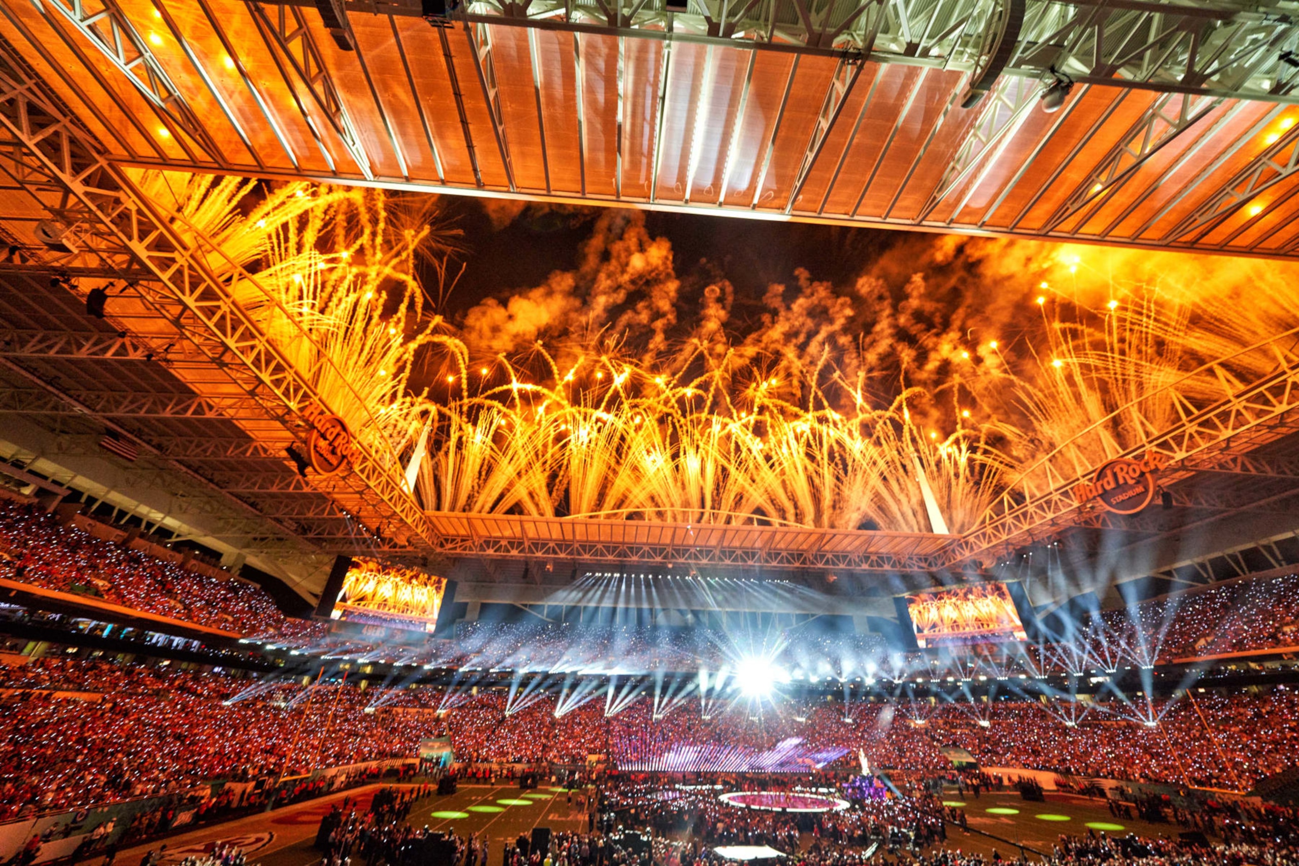MIAMI GARDENS, FL - FEBRUARY 02: A general view of Hard Rock stadium as fireworks go off during the half-time show performed by music artists Jennifer Lopez and Shakira in game action during the Super Bowl LIV game between the Kansas City Chiefs and the San Francisco 49ers on February 2, 2020 at Hard Rock Stadium, in Miami Gardens, FL. (Photo by Robin Alam/Icon Sportswire via Getty Images)