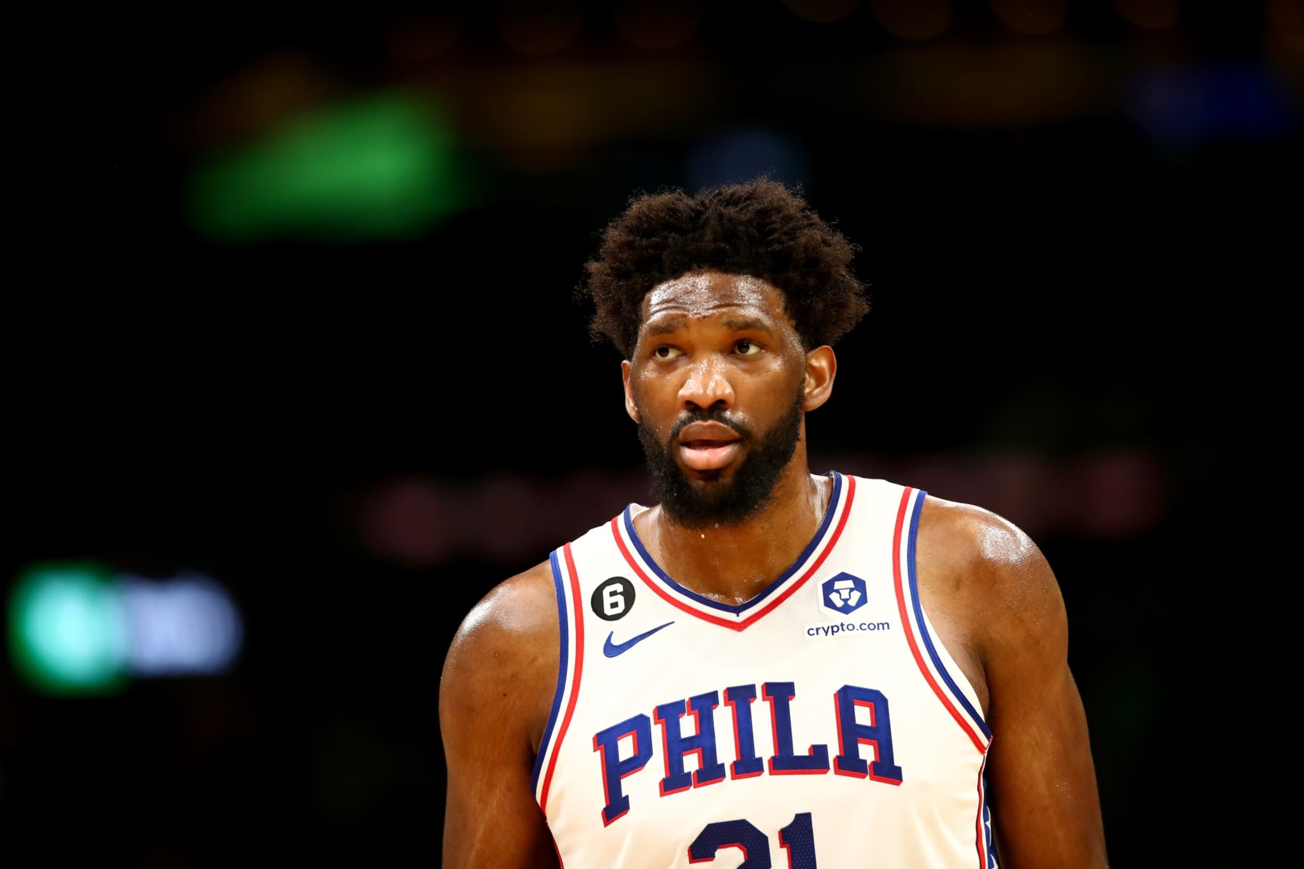BOSTON, MASSACHUSETTS - MAY 14: Joel Embiid #21 of the Philadelphia 76ers reacts against the Boston Celtics during the first quarter in game seven of the 2023 NBA Playoffs Eastern Conference Semifinals at TD Garden on May 14, 2023 in Boston, Massachusetts. NOTE TO USER: User expressly acknowledges and agrees that, by downloading and or using this photograph, User is consenting to the terms and conditions of the Getty Images License Agreement. (Photo by Adam Glanzman/Getty Images)
