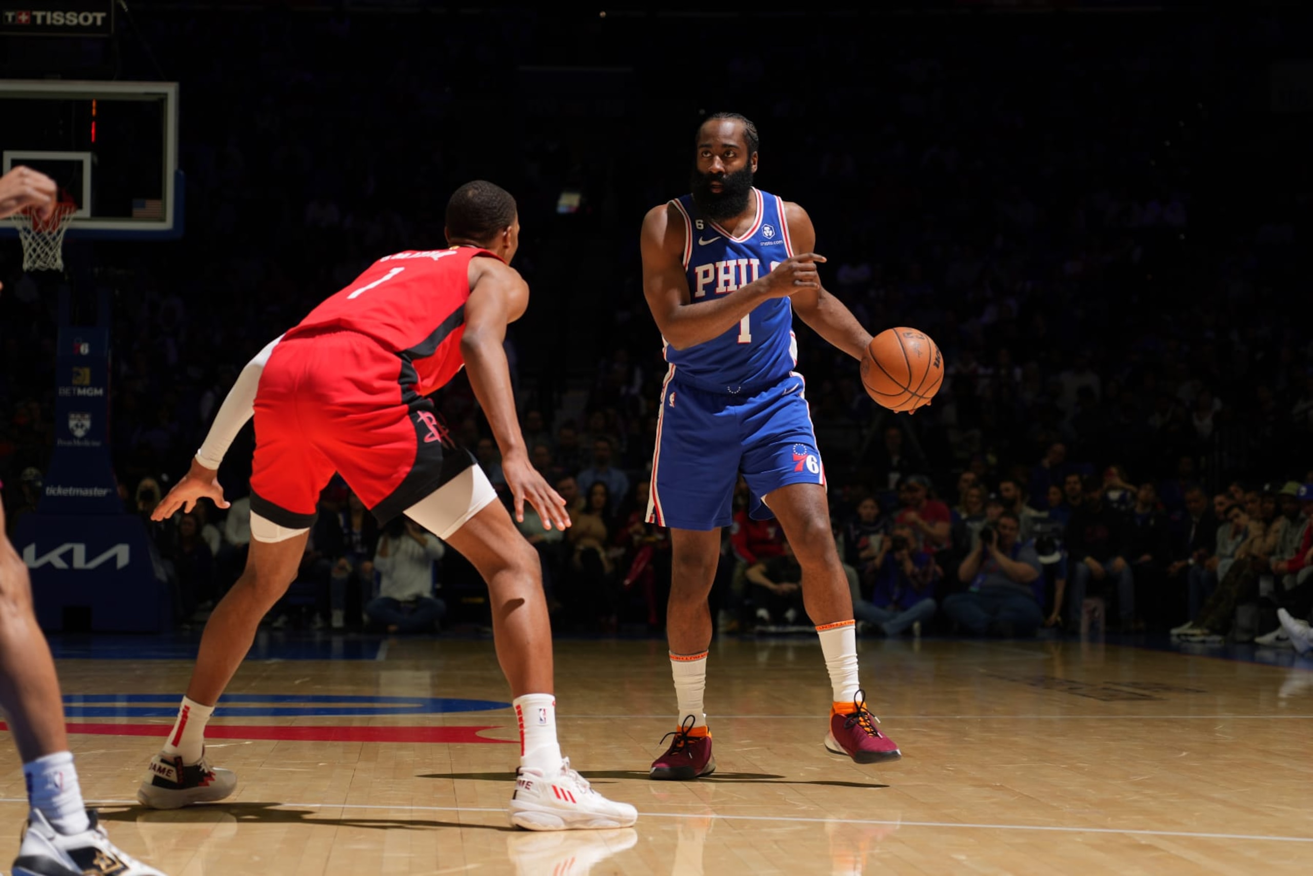 PHILADELPHIA, PA - FEBRUARY 13: James Harden #1 of the Philadelphia 76ers dribbles the ball during the game against the Houston Rockets on February 13, 2023 at the Wells Fargo Center in Philadelphia, Pennsylvania NOTE TO USER: User expressly acknowledges and agrees that, by downloading and/or using this Photograph, user is consenting to the terms and conditions of the Getty Images License Agreement. Mandatory Copyright Notice: Copyright 2023 NBAE (Photo by Jesse D. Garrabrant/NBAE via Getty Images)