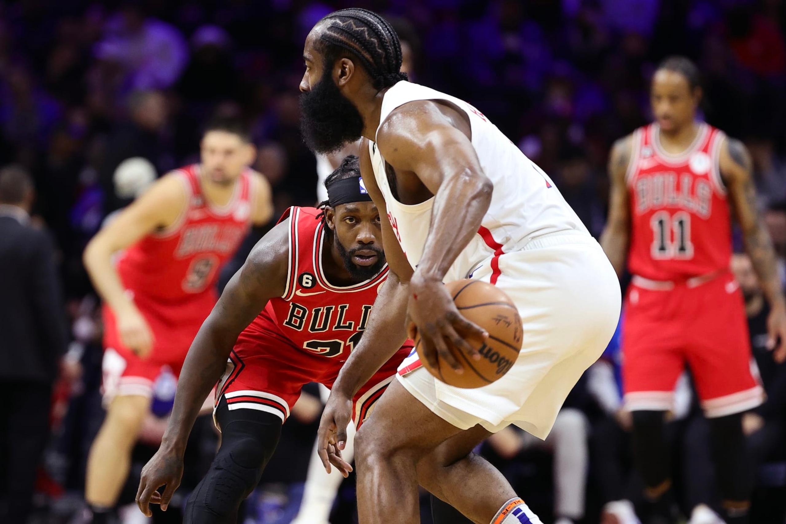 PHILADELPHIA, PENNSYLVANIA - MARCH 20: Patrick Beverley #21 of the Chicago Bulls guards James Harden #1 of the Philadelphia 76ers during the second quarter at Wells Fargo Center on March 20, 2023 in Philadelphia, Pennsylvania. NOTE TO USER: User expressly acknowledges and agrees that, by downloading and or using this photograph, User is consenting to the terms and conditions of the Getty Images License Agreement. (Photo by Tim Nwachukwu/Getty Images) (Photo by Tim Nwachukwu/Getty Images)