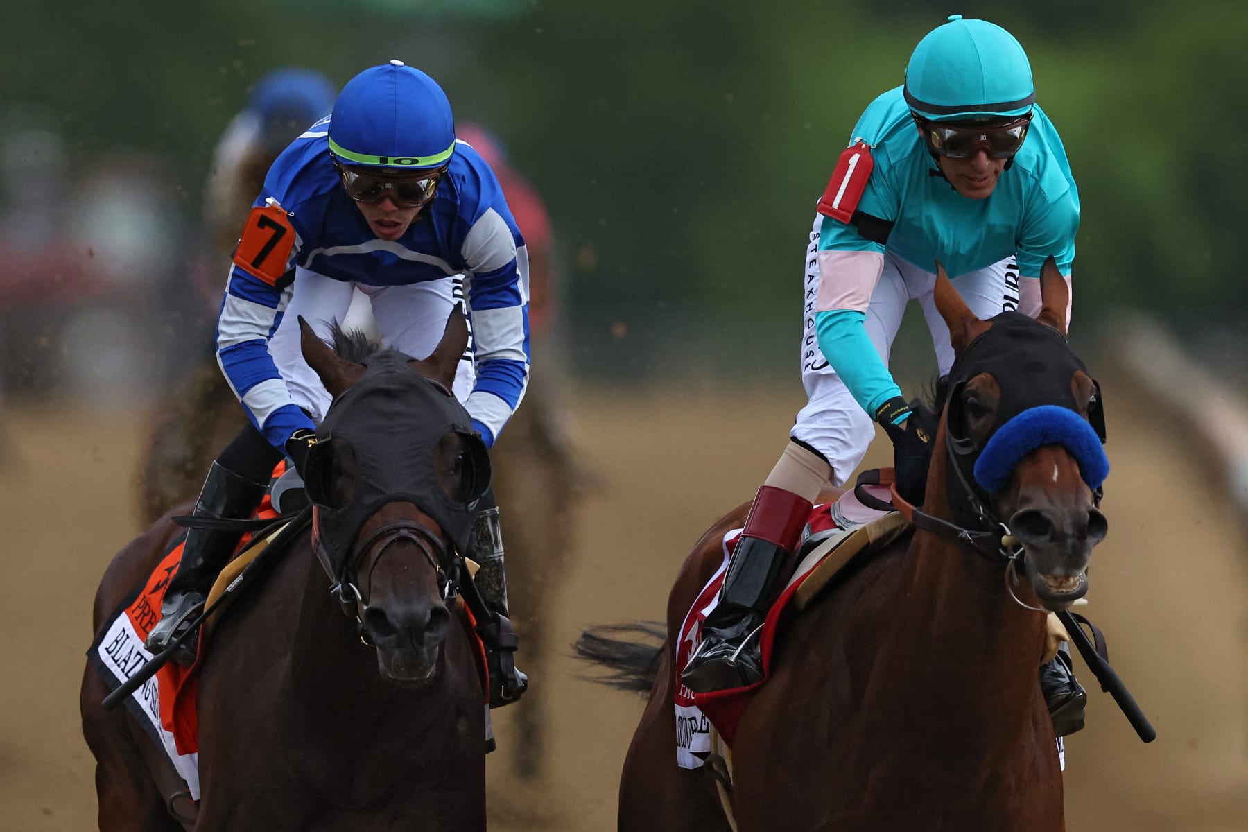 National Treasure (right) won the 2023 Preakness with Blazing Sevens (left) just behind. 
