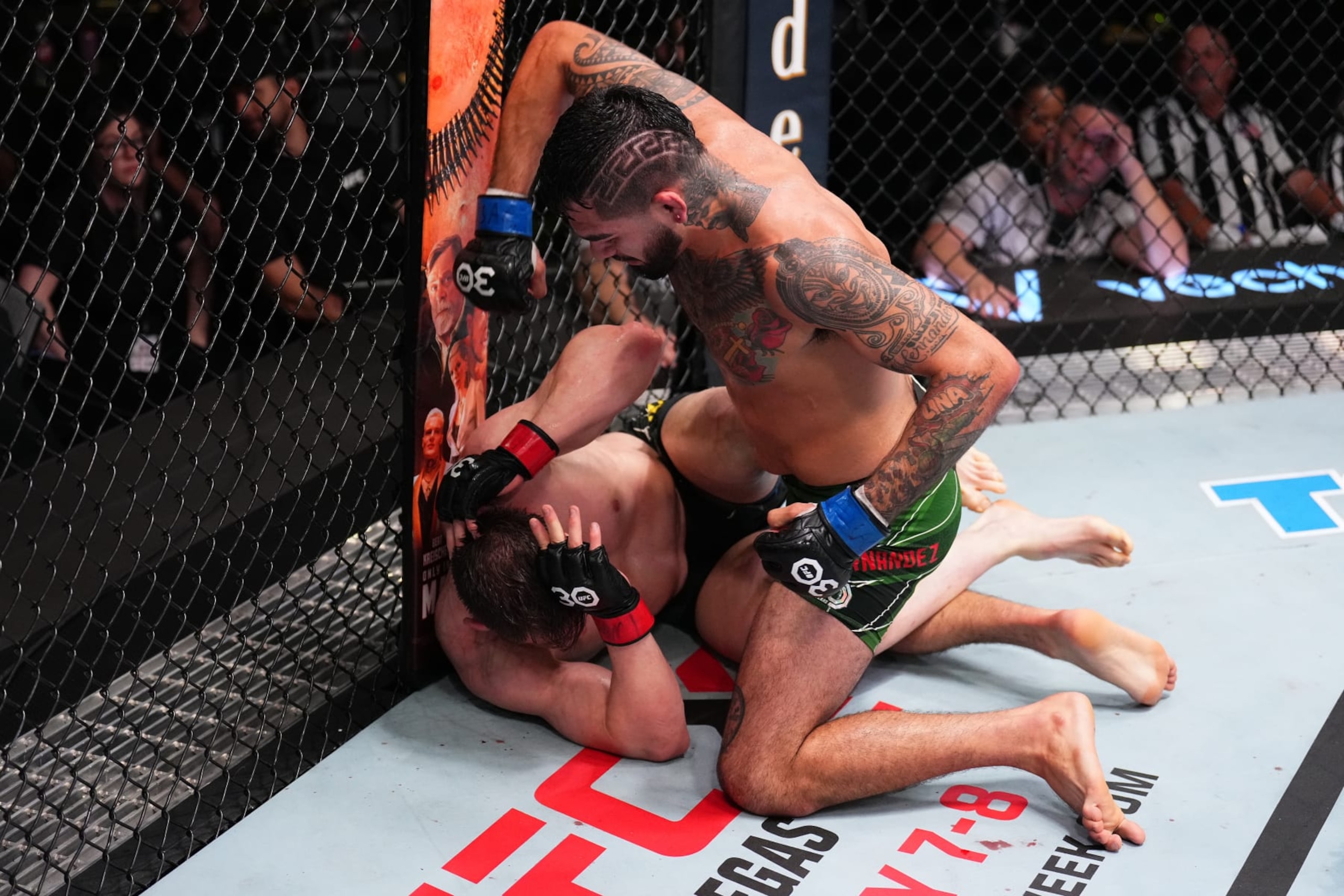 LAS VEGAS, NEVADA - MAY 20: (R-L) Anthony Hernandez punches Edmen Shahbazyan in a middleweight fight during the UFC Fight Night event at UFC APEX on May 20, 2023 in Las Vegas, Nevada. (Photo by Chris Unger/Zuffa LLC via Getty Images)