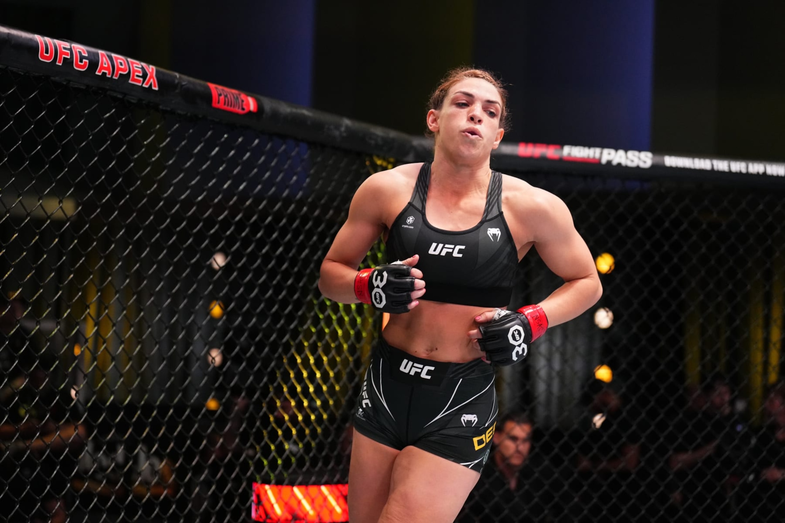 LAS VEGAS, NEVADA - MAY 20: Mackenzie Dern is introduced prior to facing Angela Hill in a strawweight fight during the UFC Fight Night event at UFC APEX on May 20, 2023 in Las Vegas, Nevada. (Photo by Chris Unger/Zuffa LLC via Getty Images)