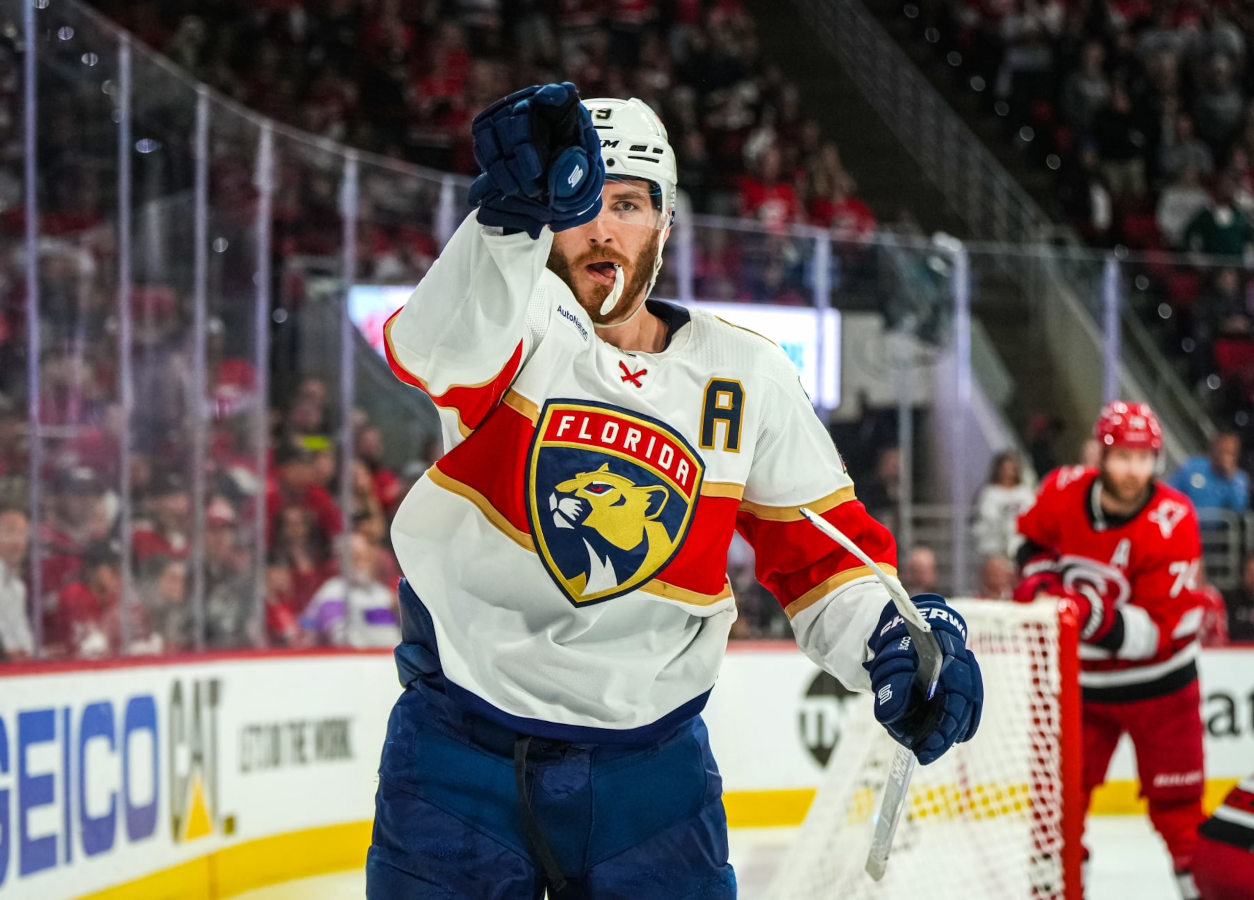 RALEIGH, NORTH CAROLINA - MAY 20: Matthew Tkachuk #19 of the Florida Panthers celebrates after scoring the game-winning goal during overtime against the Carolina Hurricanes in Game Two of the Eastern Conference Final of the 2023 Stanley Cup Playoffs at PNC Arena on May 20, 2023 in Raleigh, North Carolina. (Photo by Josh Lavallee/NHLI via Getty Images)