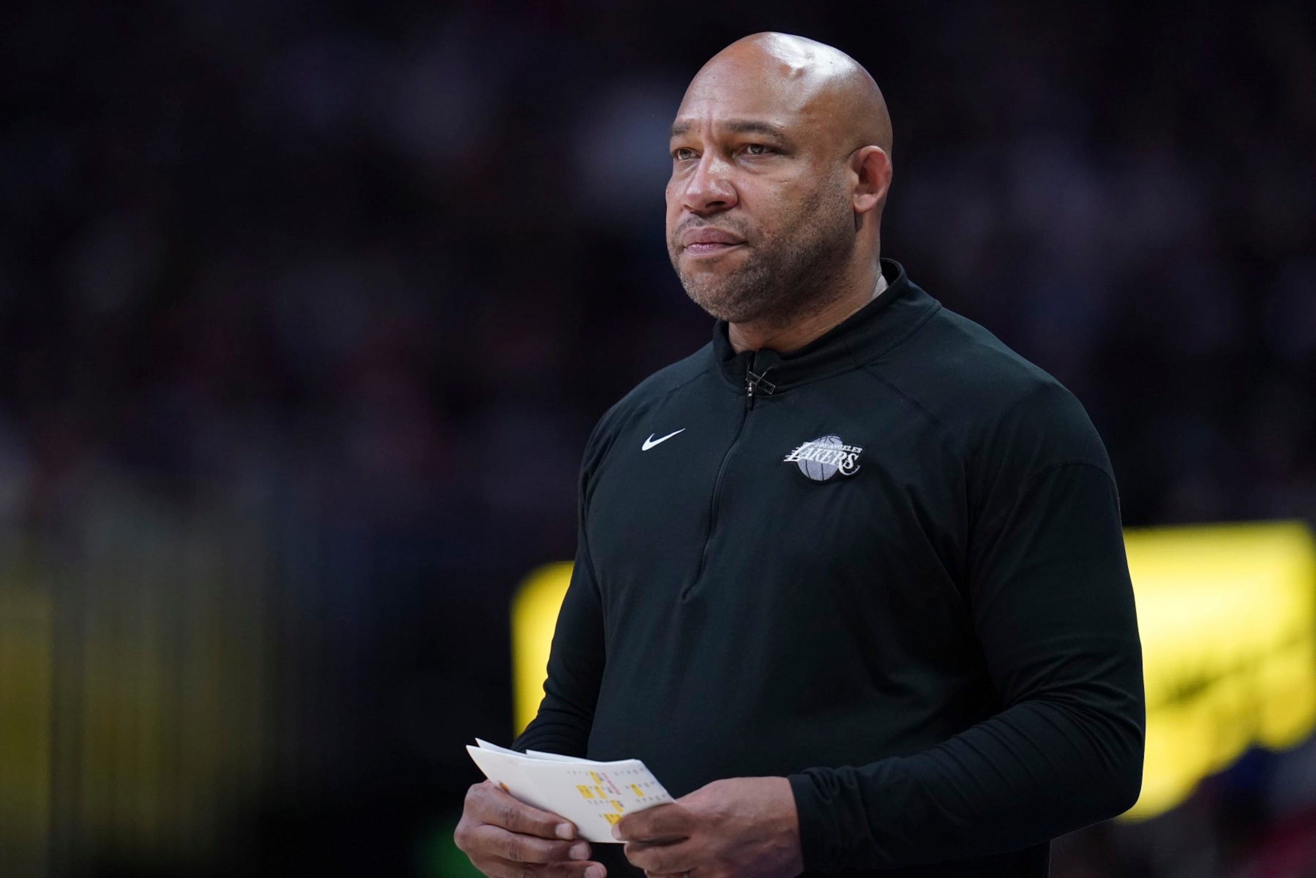 Los Angeles Lakers head coach Darvin Ham watches during the first half of Game 1 of the NBA basketball Western Conference Finals series against the Denver Nuggets, Tuesday, May 16, 2023, in Denver. (AP Photo/Jack Dempsey)
