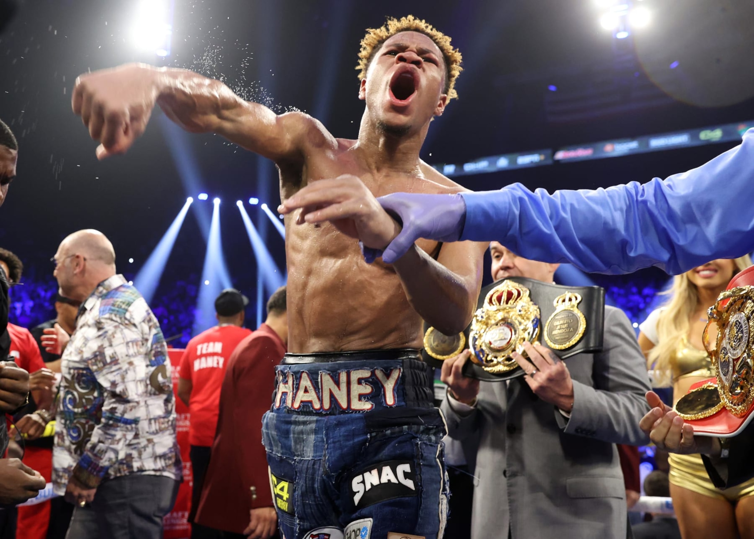LAS VEGAS, NEVADA - MAY 20: Devin Haney celebrates after defeating Vasiliy Lomachenko, during their Undisputed lightweight championship fight at MGM Grand Hotel & Casino on May 20, 2023 in Las Vegas, Nevada. (Photo by Mikey Williams/Top Rank Inc via Getty Images)