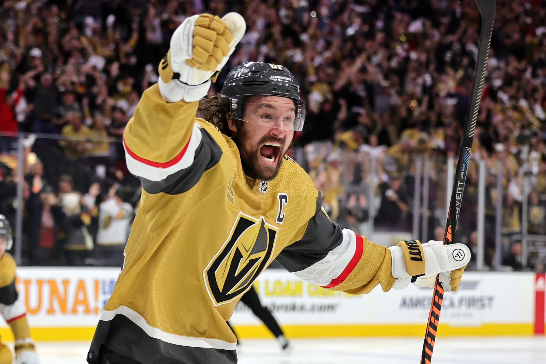 LAS VEGAS, NEVADA - MAY 19:  Mark Stone #61 of the Vegas Golden Knights celebrates the game-winning goal scored by his teammate Brett Howden against the Dallas Stars during overtime in Game One of the Western Conference Final of the 2023 Stanley Cup Playoffs at T-Mobile Arena on May 19, 2023 in Las Vegas, Nevada. (Photo by Ethan Miller/Getty Images)