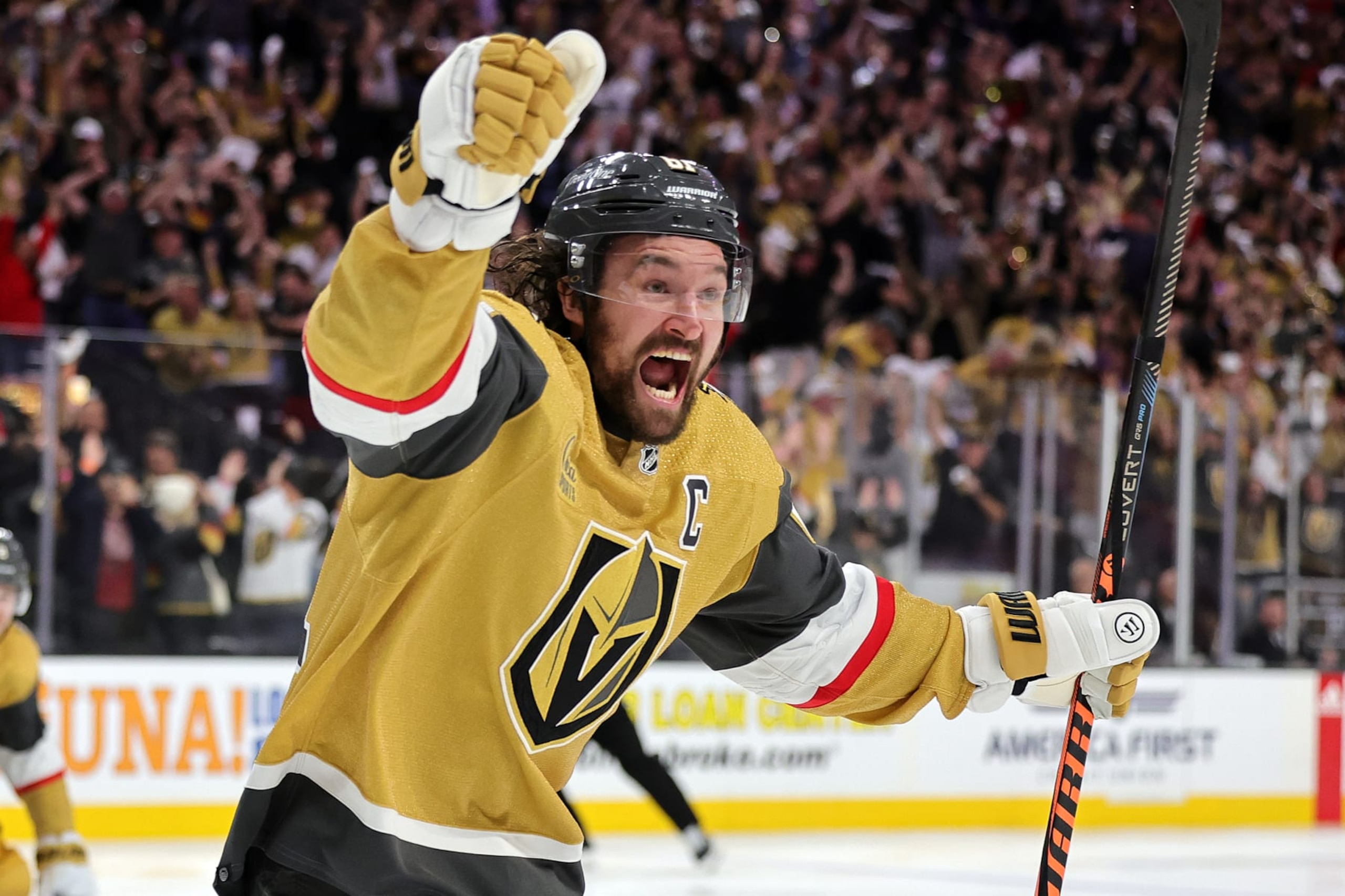 LAS VEGAS, NEVADA - MAY 19: Mark Stone #61 of the Vegas Golden Knights celebrates the game-winning goal scored by his teammate Brett Howden against the Dallas Stars during overtime in Game One of the Western Conference Final of the 2023 Stanley Cup Playoffs at T-Mobile Arena on May 19, 2023 in Las Vegas, Nevada. (Photo by Ethan Miller/Getty Images) LAS VEGAS, NEVADA - MAY 19: Mark Stone #61 of the Vegas Golden Knights celebrates the game-winning goal scored by his teammate Brett Howden against the Dallas Stars during overtime in Game One of the Western Conference Final of the 2023 Stanley Cup Playoffs at T-Mobile Arena on May 19, 2023 in Las Vegas, Nevada. (Photo by Ethan Miller/Getty Images)