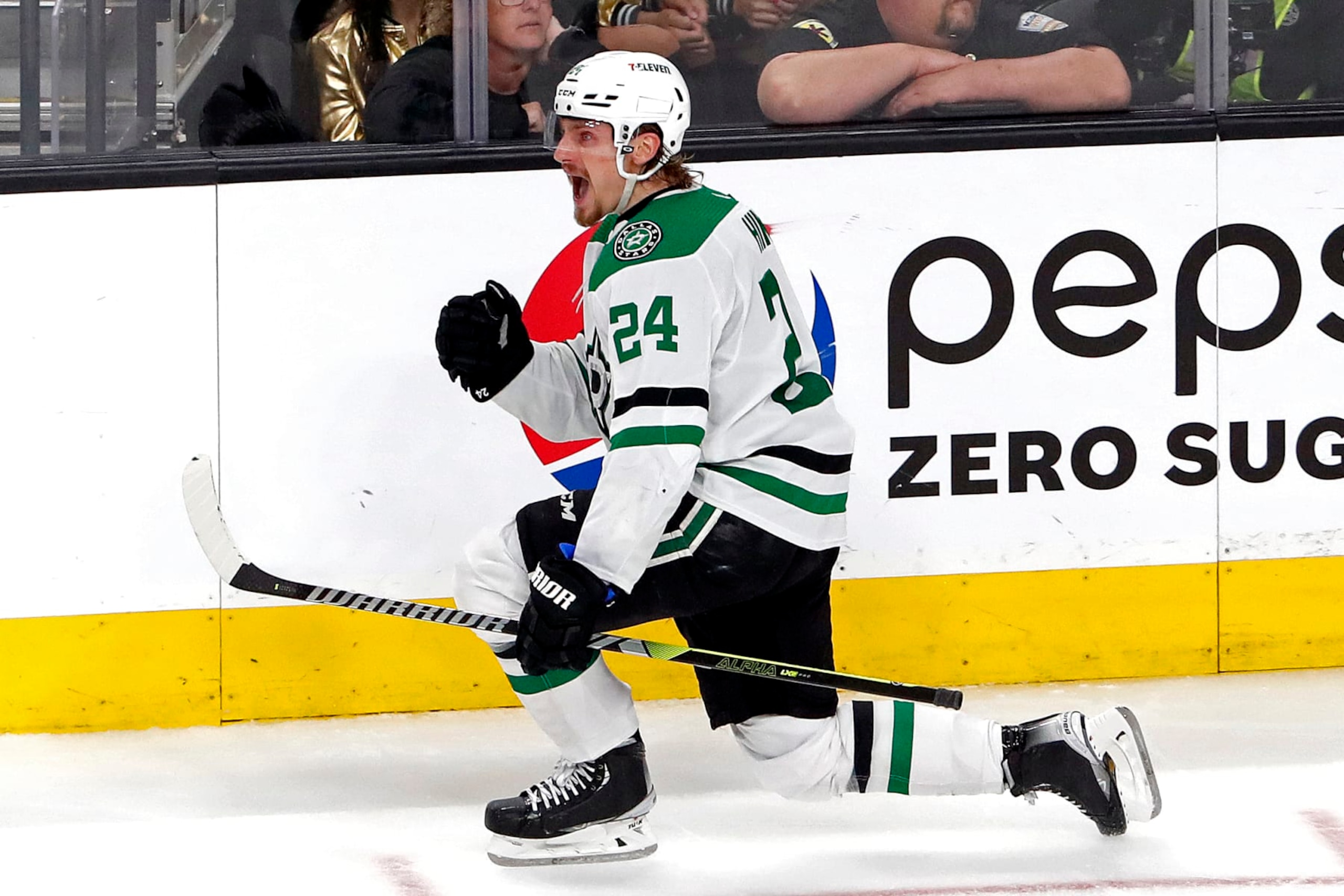 LAS VEGAS, NEVADA - MAY 19: Roope Hintz #24 of the Dallas Stars celebrates after scoring a goal against the Vegas Golden Knights during the third period in Game One of the Western Conference Final of the 2023 Stanley Cup Playoffs at T-Mobile Arena on May 19, 2023 in Las Vegas, Nevada. (Photo by Steve Marcus/Getty Images) LAS VEGAS, NEVADA - MAY 19: Roope Hintz #24 of the Dallas Stars celebrates after scoring a goal against the Vegas Golden Knights during the third period in Game One of the Western Conference Final of the 2023 Stanley Cup Playoffs at T-Mobile Arena on May 19, 2023 in Las Vegas, Nevada. (Photo by Steve Marcus/Getty Images)