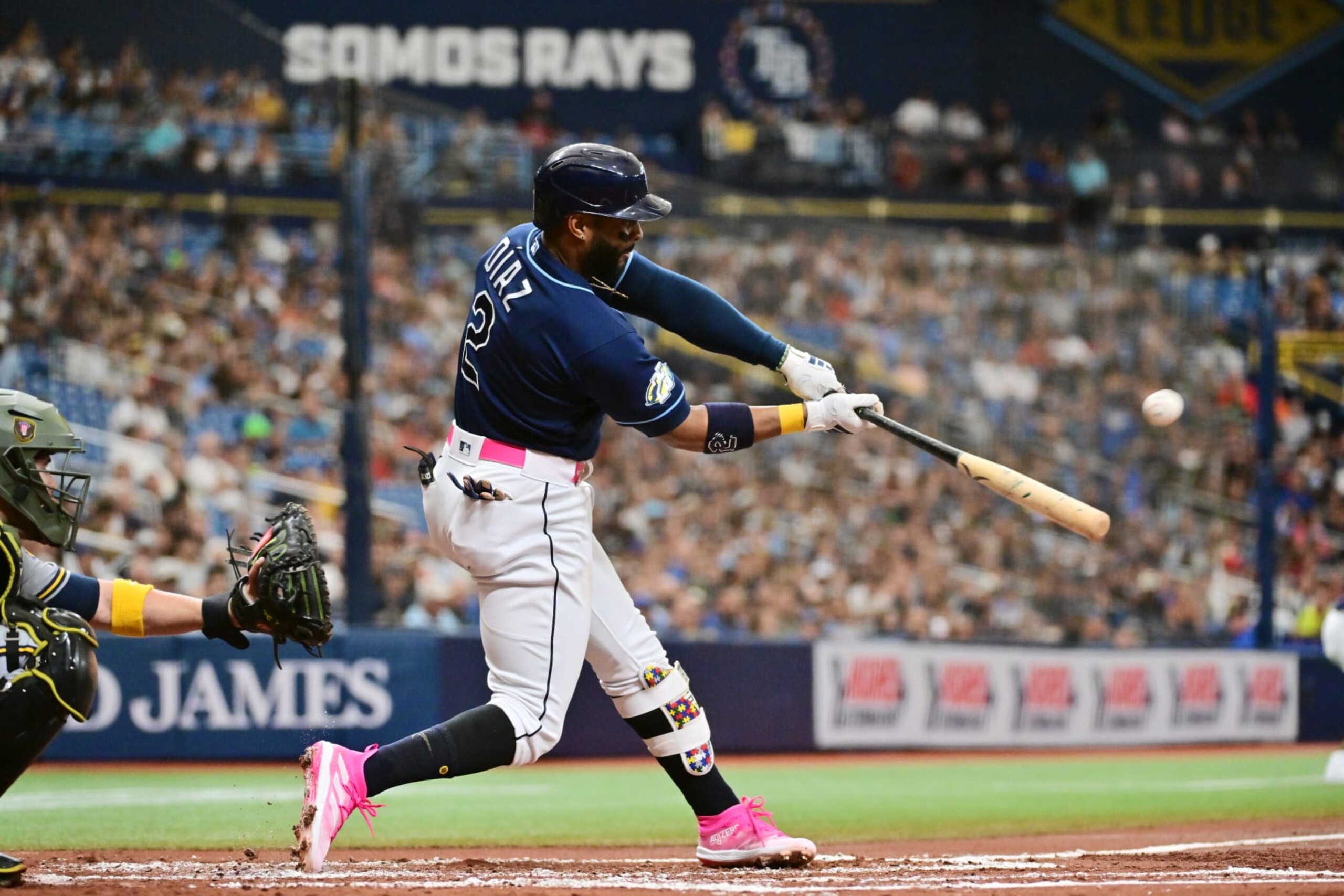ST PETERSBURG, FLORIDA - MAY 20: Yandy Diaz #2 of the Tampa Bay Rays hits a 3-run home run in the second inning against the Milwaukee Brewers at Tropicana Field on May 20, 2023 in St Petersburg, Florida. (Photo by Julio Aguilar/Getty Images)