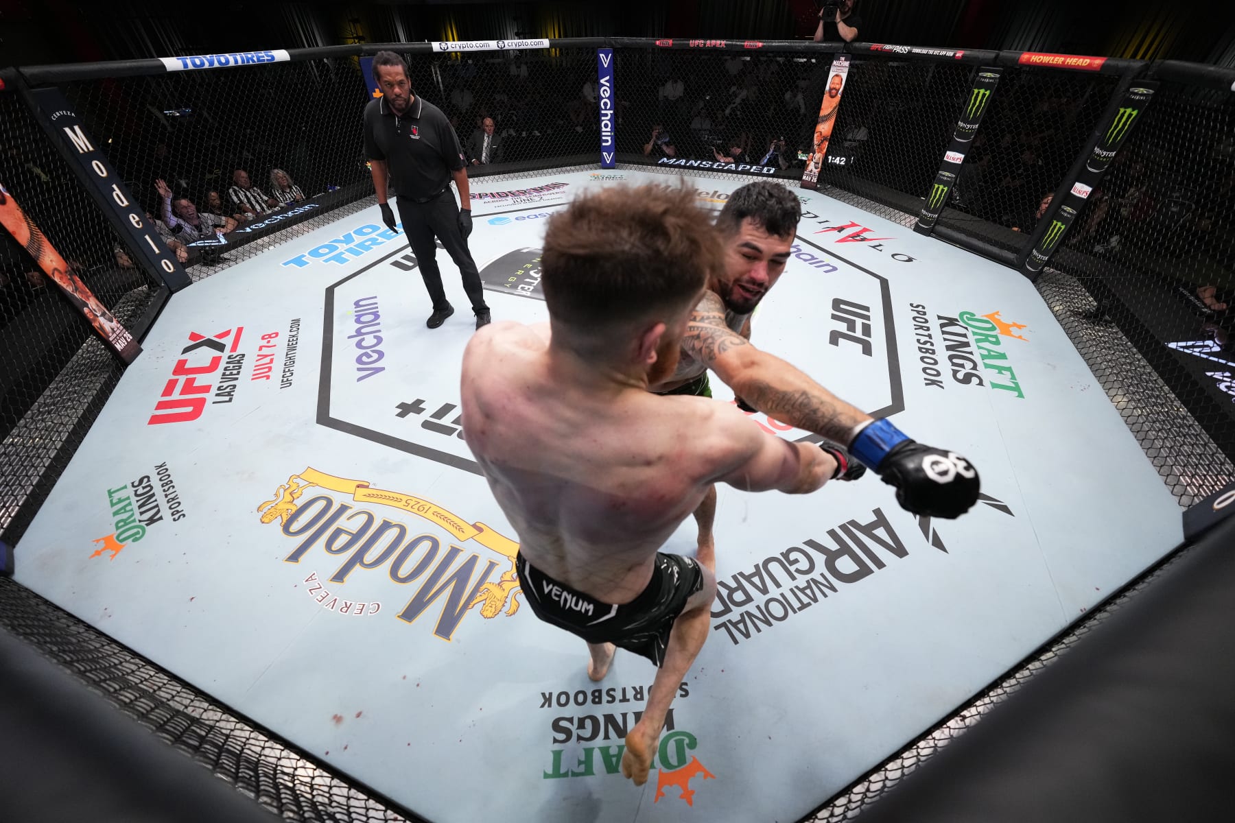 LAS VEGAS, NEVADA - MAY 20: (R-L) Anthony Hernandez punches Edmen Shahbazyan in a middleweight fight during the UFC Fight Night event at UFC APEX on May 20, 2023 in Las Vegas, Nevada. (Photo by Chris Unger/Zuffa LLC via Getty Images)