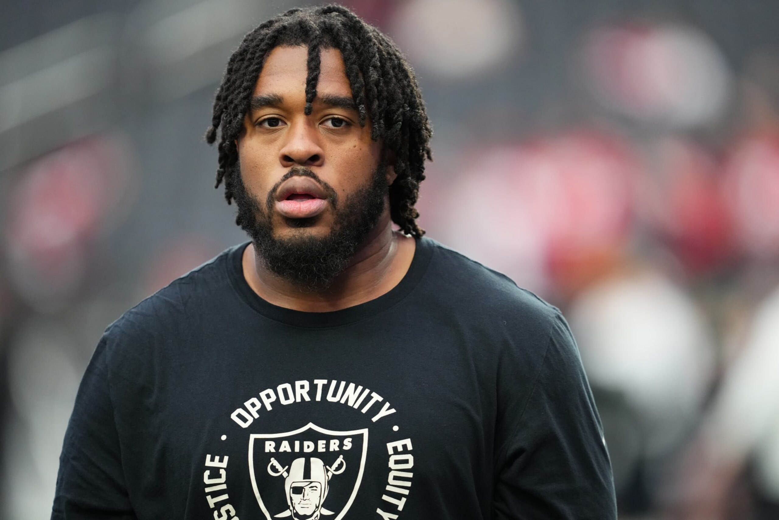LAS VEGAS, NEVADA - JANUARY 01: Guard Dylan Parham #66 of the Las Vegas Raiders warms up before a game against the San Francisco 49ers at Allegiant Stadium on January 01, 2023 in Las Vegas, Nevada. (Photo by Chris Unger/Getty Images)