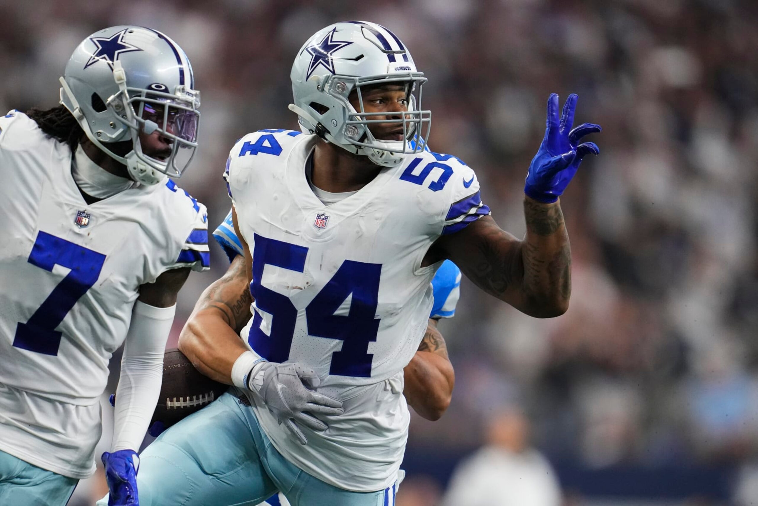 ARLINGTON, TX - OCTOBER 23: Sam Williams #54 of the Dallas Cowboys runs the ball against the Detroit Lions at AT&T Stadium on October 23, 2022 in Arlington, Texas. (Photo by Cooper Neill/Getty Images)