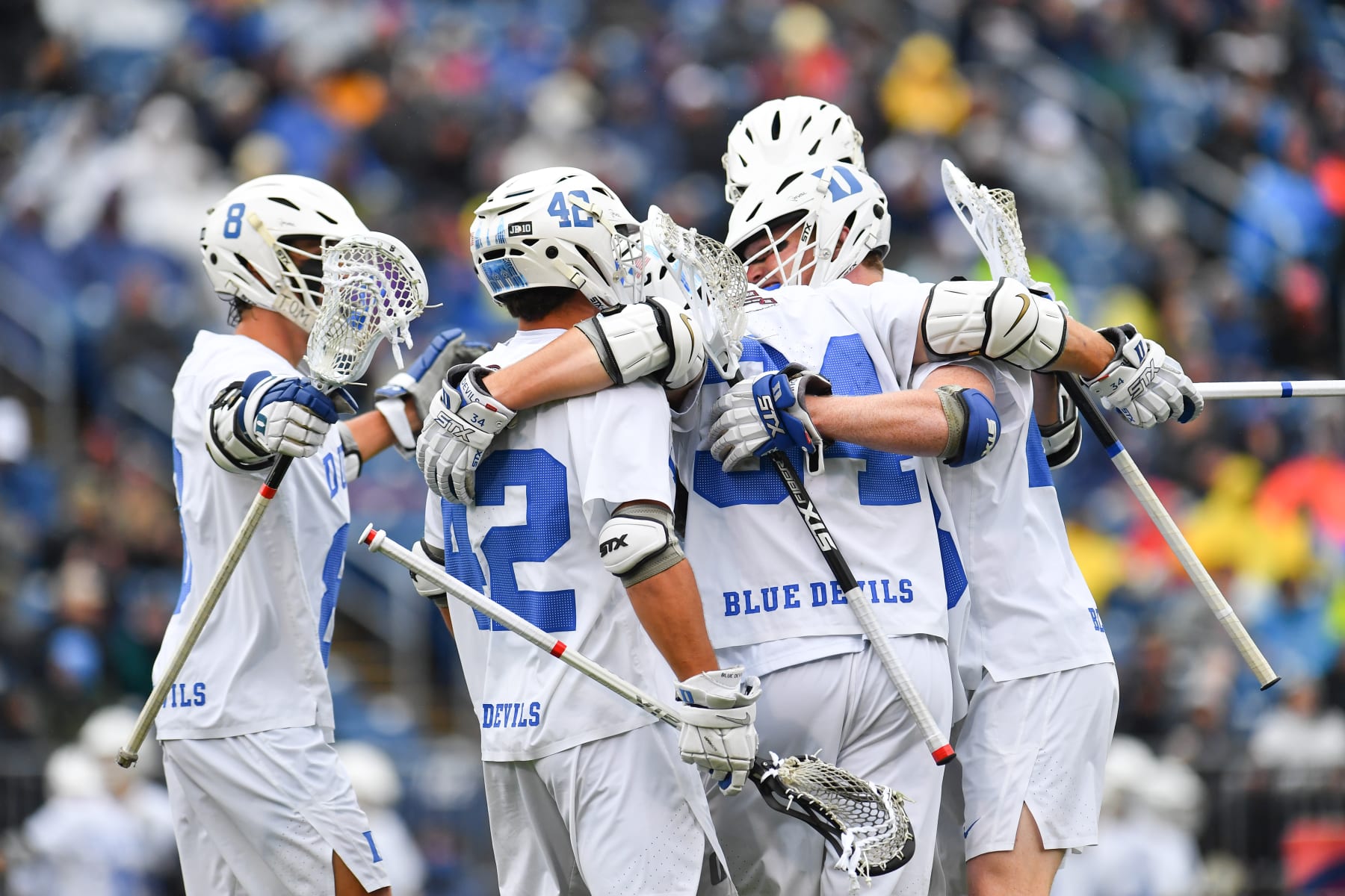 EAST HARTFORD, CT - MAY 29: The Duke Blue Devils celebrate against the Maryland Terrapins during the Division I Men’s Lacrosse Semifinals held at Pratt and Whitney Stadium at Rentschler Field on May 29, 2021 in East Hartford, Connecticut. (Photo by Larry French/NCAA Photos via Getty Images)