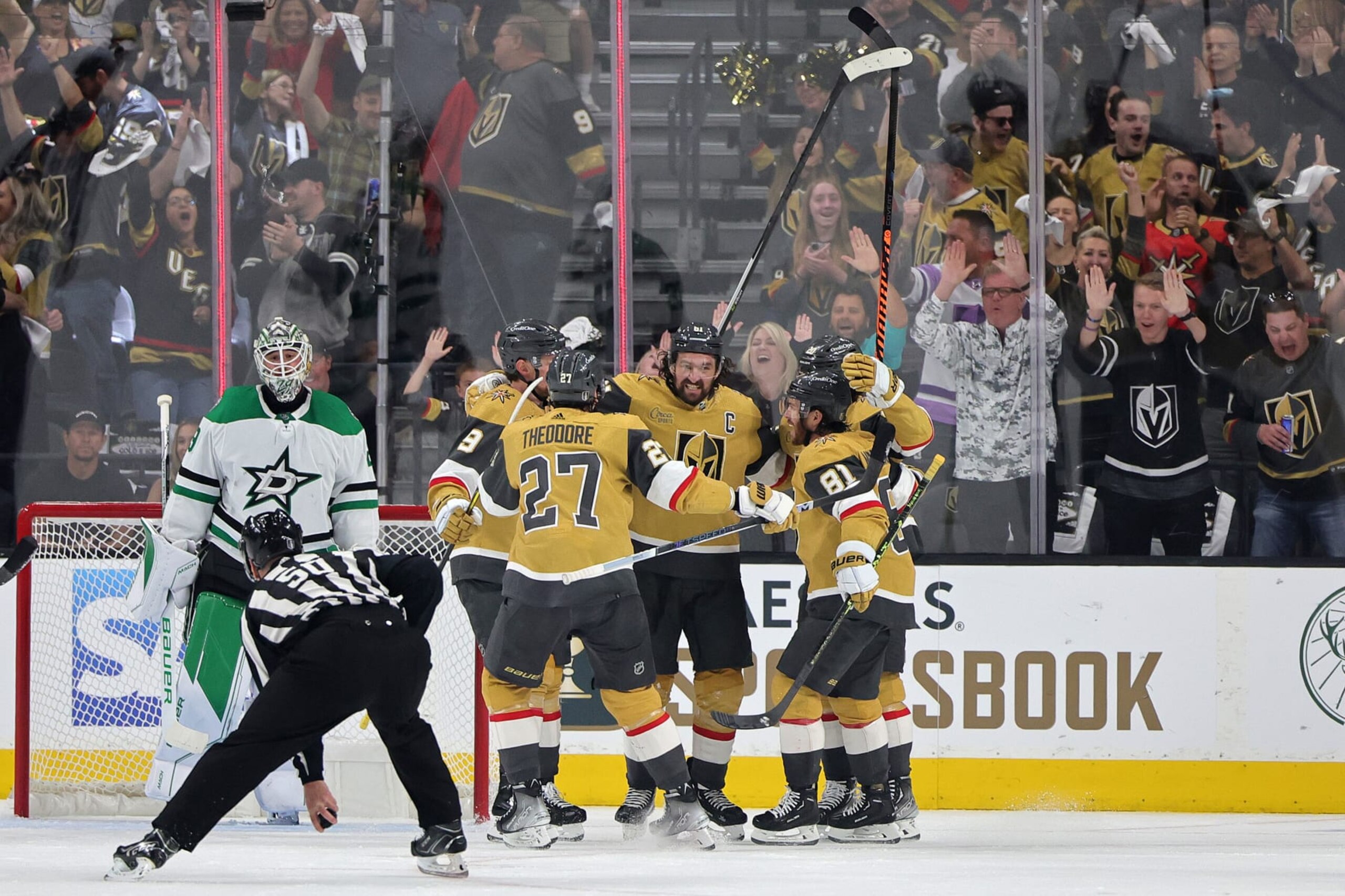 LAS VEGAS, NEVADA - MAY 21: Mark Stone #61 of the Vegas Golden Knights celebrates a goal with teammates against Jake Oettinger #29 of the Dallas Stars during the first period in Game Two of the Western Conference Final of the 2023 Stanley Cup Playoffs at T-Mobile Arena on May 21, 2023 in Las Vegas, Nevada. (Photo by Ethan Miller/Getty Images)