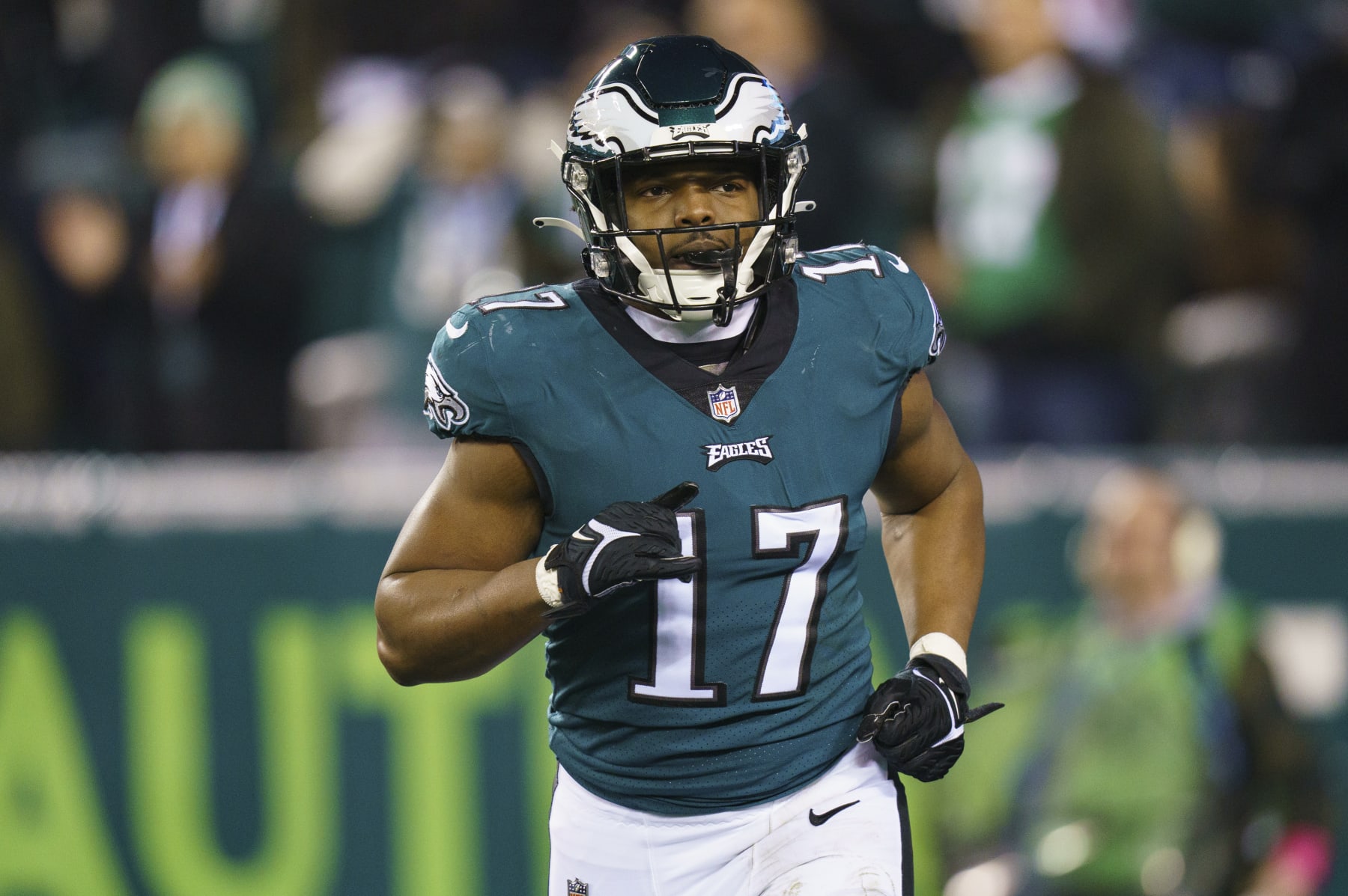 Philadelphia Eagles linebacker Nakobe Dean (17) in action during the NFL divisional round playoff football game against the New York Giants, Saturday, Jan. 21, 2023, in Philadelphia. (AP Photo/Chris Szagola)