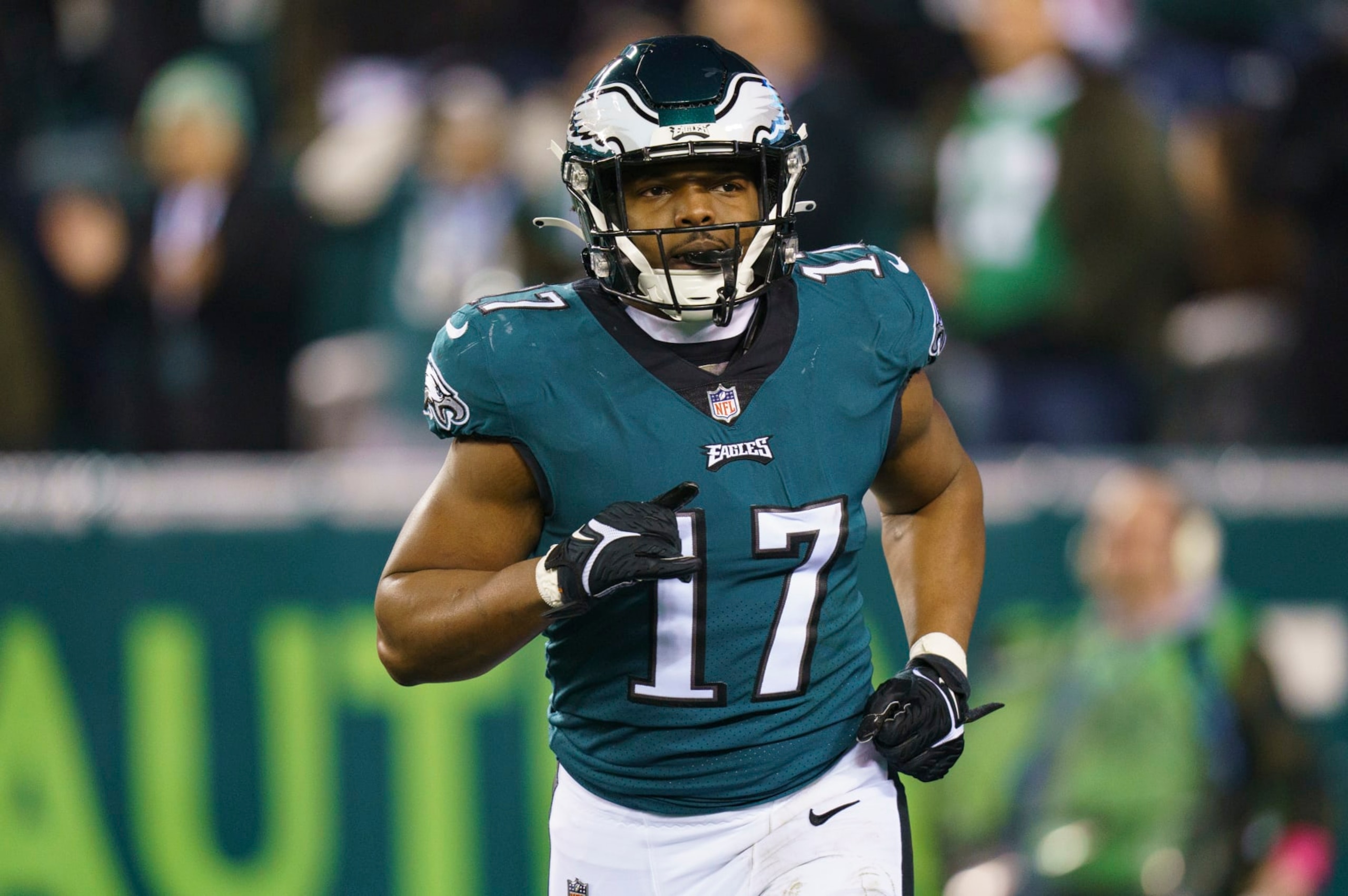 Philadelphia Eagles linebacker Nakobe Dean (17) in action during the NFL divisional round playoff football game against the New York Giants, Saturday, Jan. 21, 2023, in Philadelphia. (AP Photo/Chris Szagola)