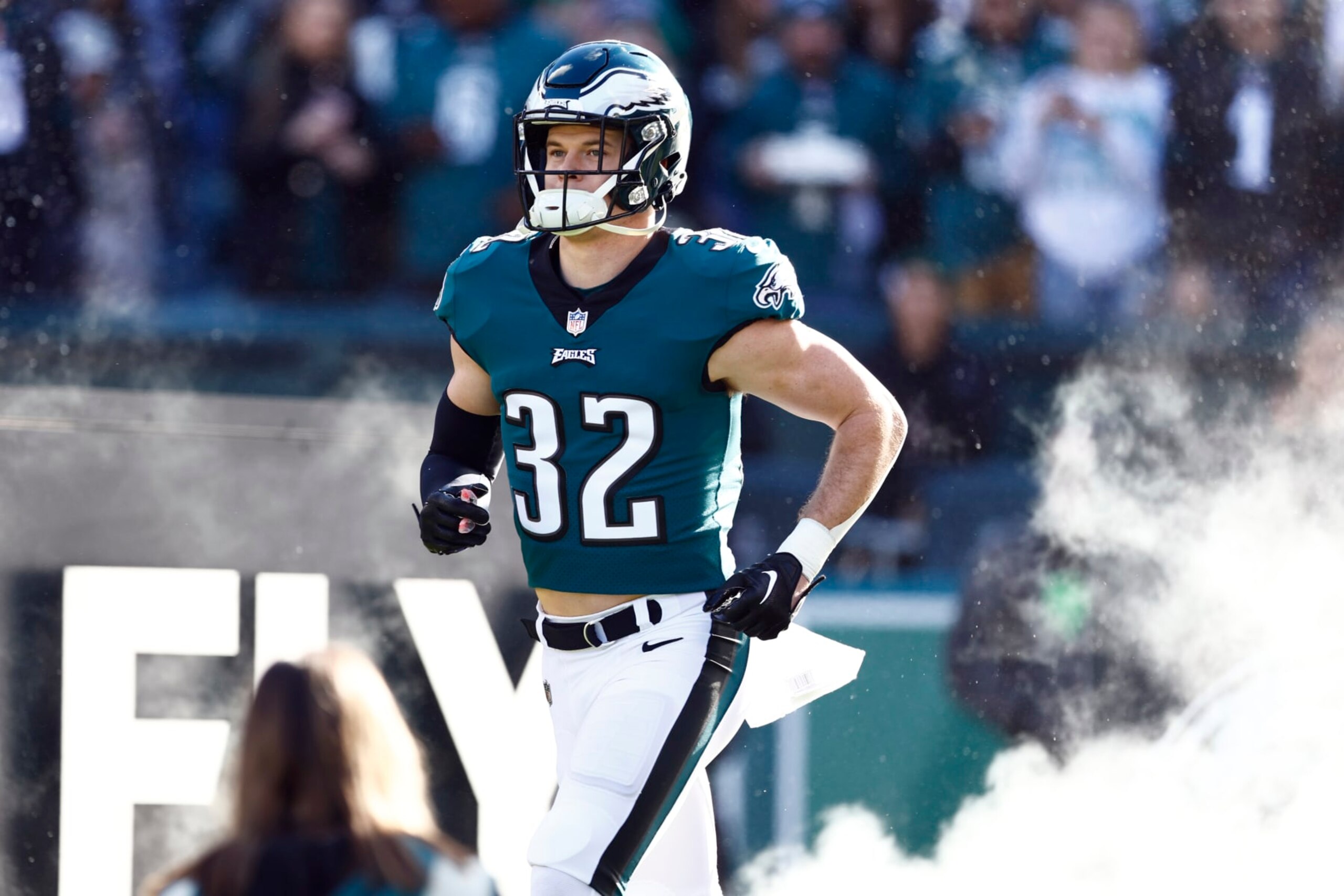 Philadelphia Eagles safety Reed Blankenship (32) is introduced before an NFL football game against the New Orleans Saints, Sunday, Jan. 1, 2023, in Philadelphia. (AP Photo/Rich Schultz)