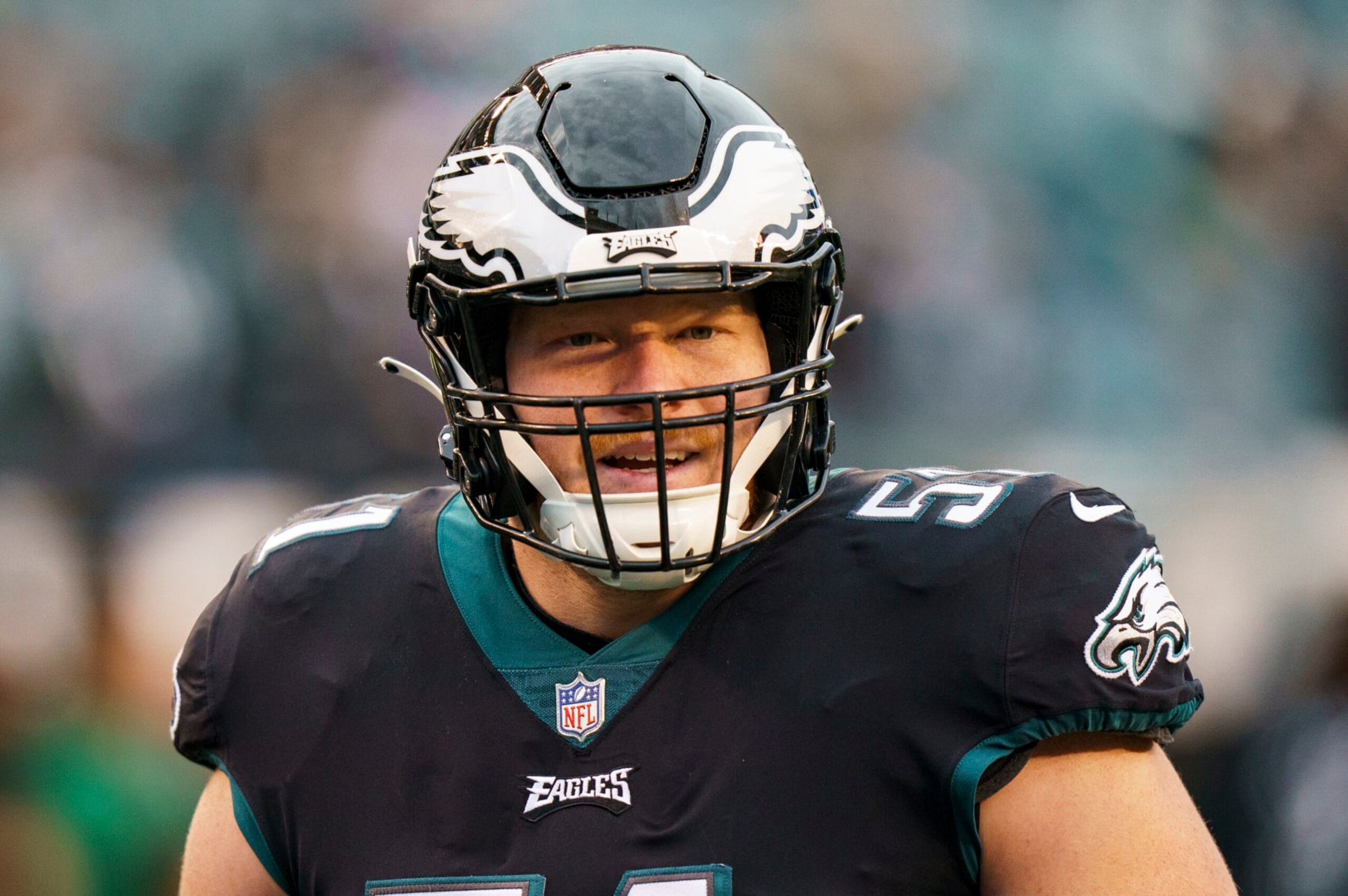 Philadelphia Eagles center Cam Jurgens (51) looks on prior to the NFL football game against the New York Giants, Sunday, Jan. 8, 2023, in Philadelphia. (AP Photo/Chris Szagola)
