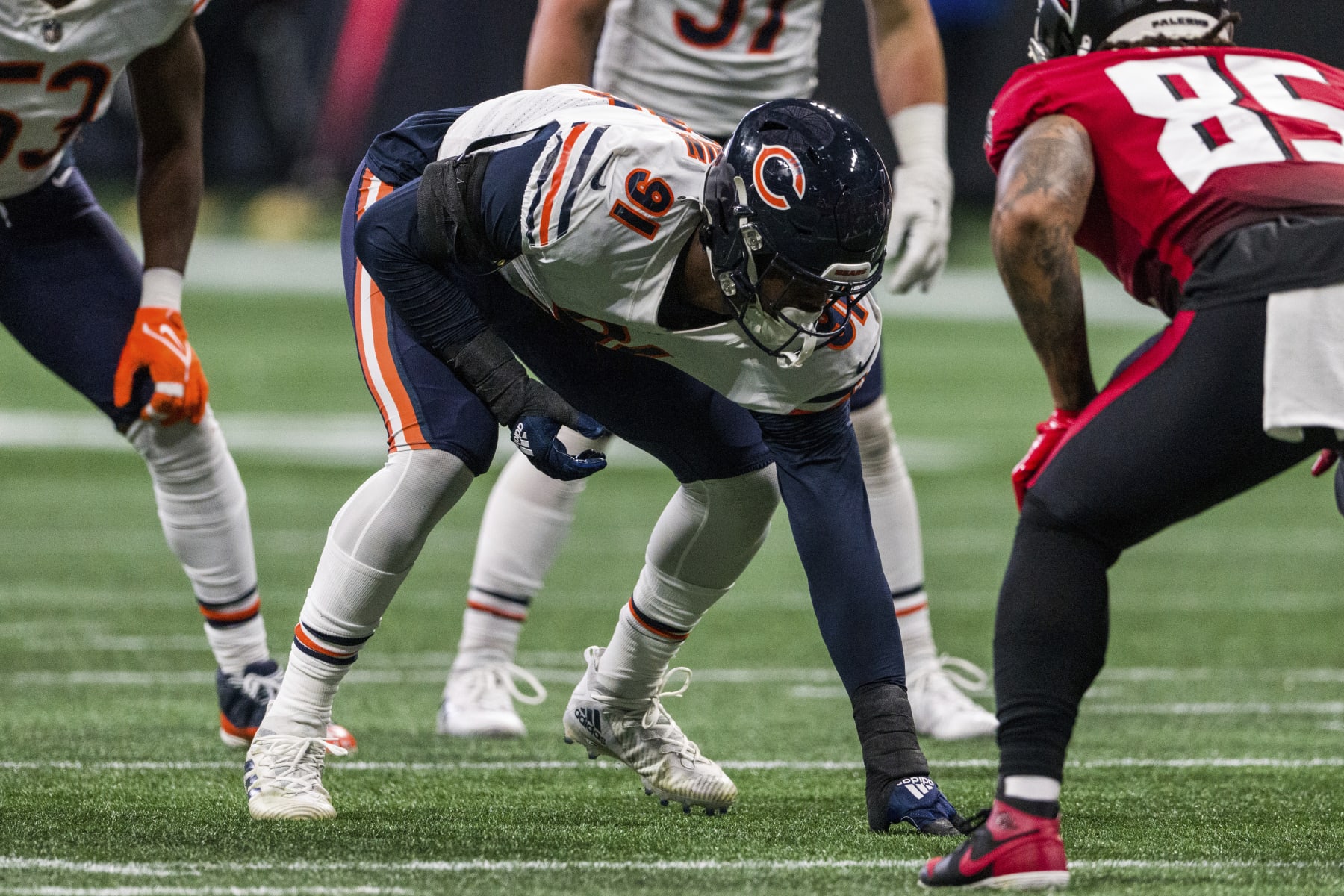 Chicago Bears defensive end Dominique Robinson (91) lines up during the first half of an NFL football game against the Atlanta Falcons, Sunday, Nov. 20, 2022, in Atlanta. The Atlanta Falcons won 27-24. (AP Photo/Danny Karnik)