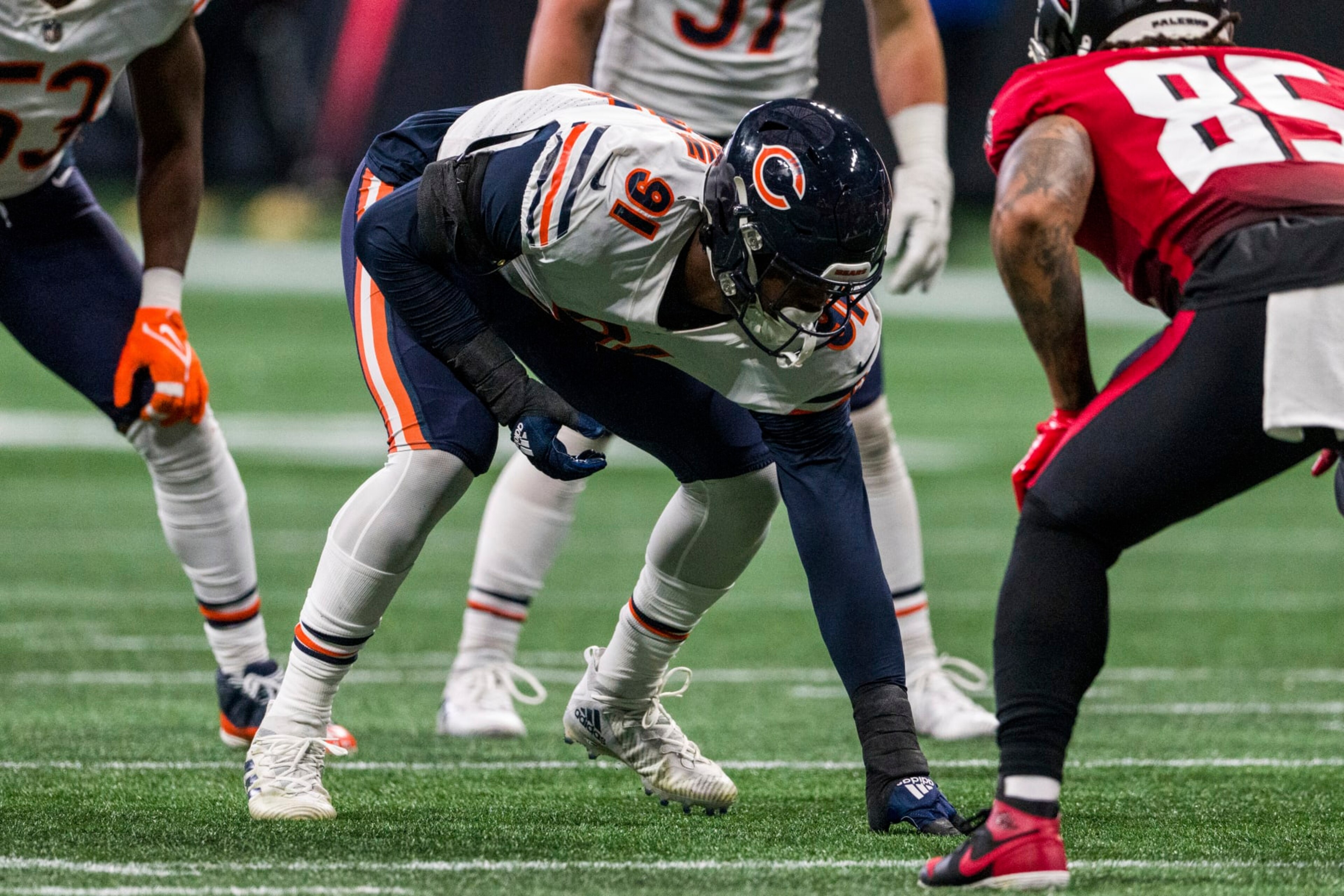 Chicago Bears defensive end Dominique Robinson (91) lines up during the first half of an NFL football game against the Atlanta Falcons, Sunday, Nov. 20, 2022, in Atlanta. The Atlanta Falcons won 27-24. (AP Photo/Danny Karnik) Chicago Bears defensive end Dominique Robinson (91) lines up during the first half of an NFL football game against the Atlanta Falcons, Sunday, Nov. 20, 2022, in Atlanta. The Atlanta Falcons won 27-24. (AP Photo/Danny Karnik)