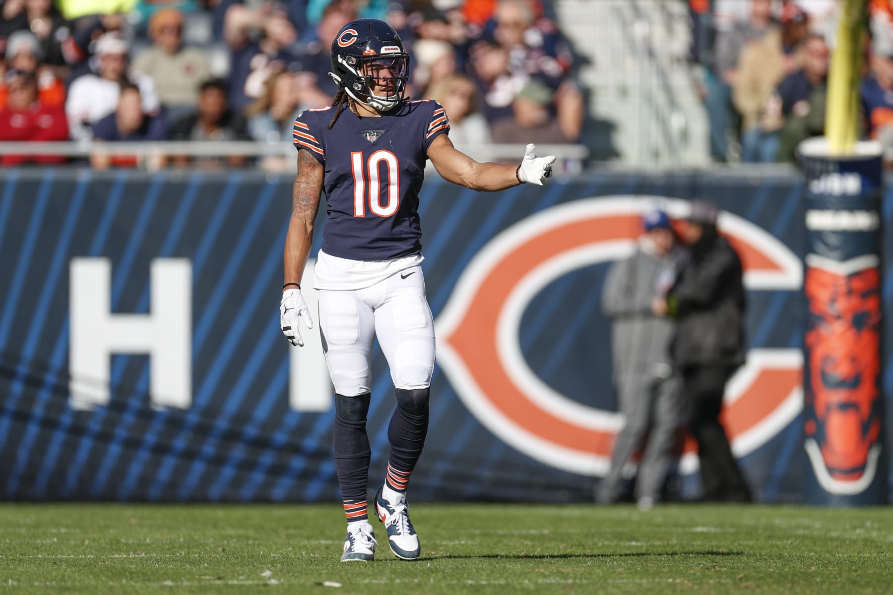Chicago Bears wide receiver Chase Claypool (10) walks on the field during the first half of an NFL football game against the Miami Dolphins, Sunday, Nov. 6, 2022, in Chicago. (AP Photo/Kamil Krzaczynski)