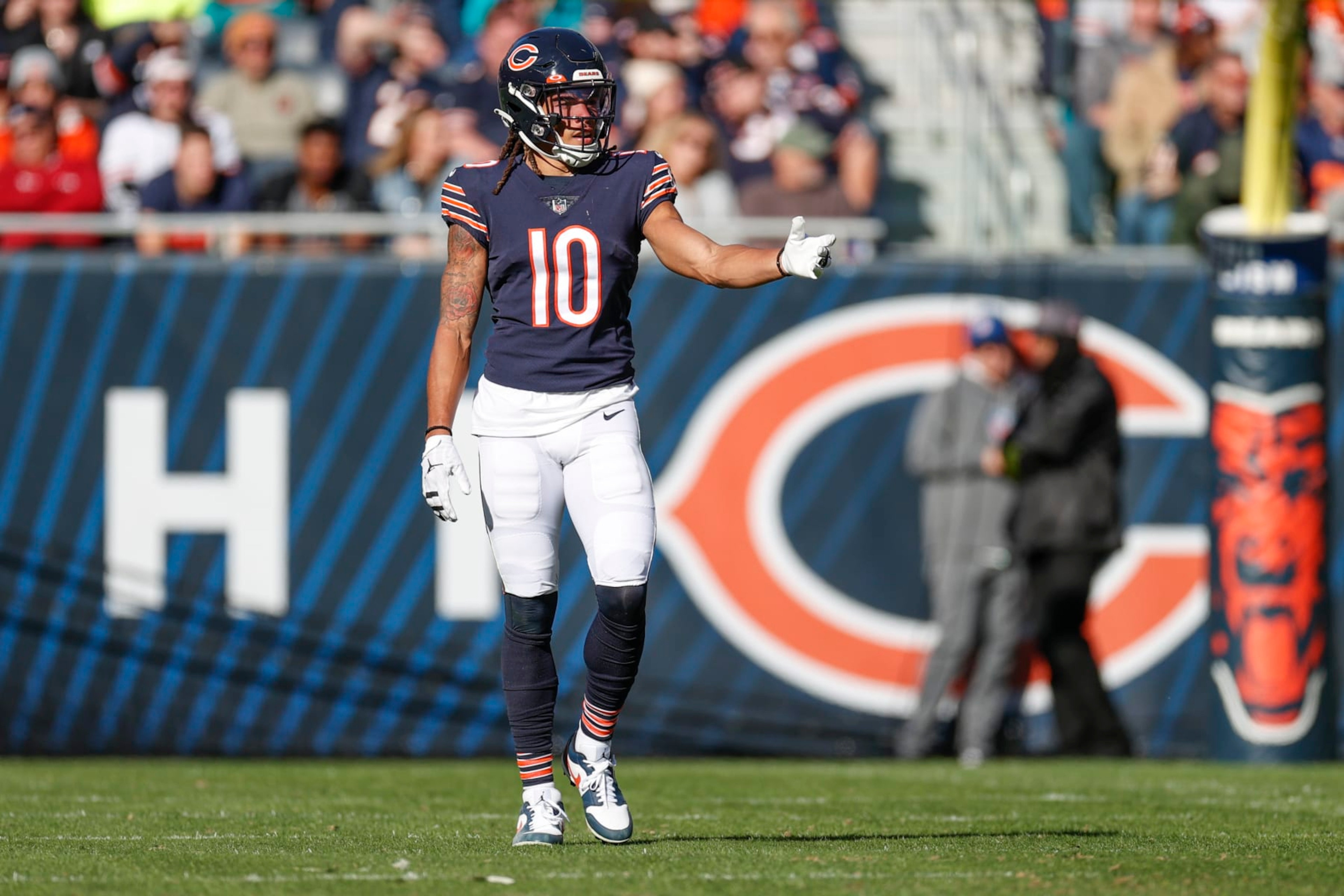 Chicago Bears wide receiver Chase Claypool (10) walks on the field during the first half of an NFL football game against the Miami Dolphins, Sunday, Nov. 6, 2022, in Chicago. (AP Photo/Kamil Krzaczynski) Chicago Bears wide receiver Chase Claypool (10) walks on the field during the first half of an NFL football game against the Miami Dolphins, Sunday, Nov. 6, 2022, in Chicago. (AP Photo/Kamil Krzaczynski)