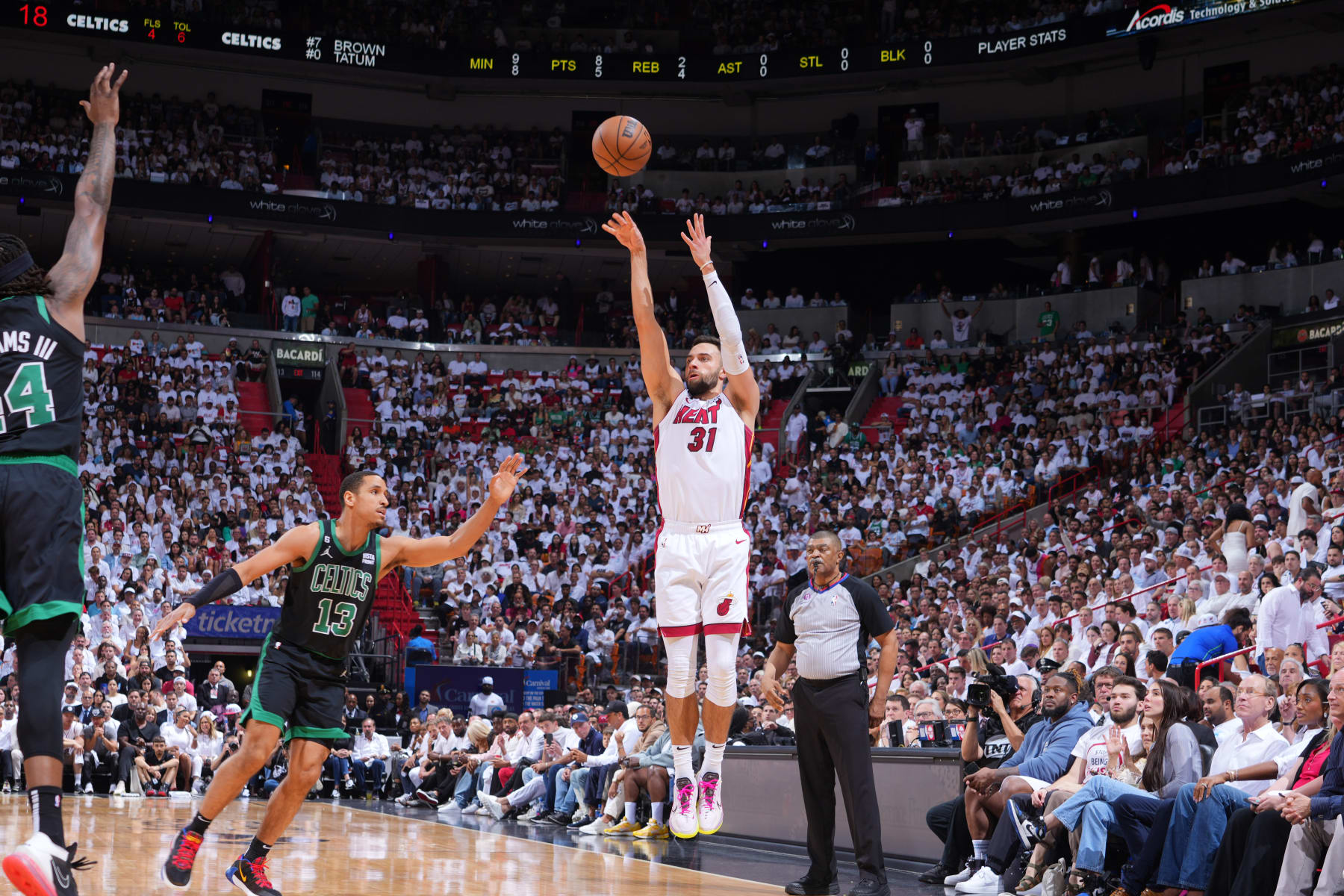 MIAMI, FL - MAY 21: Max Strus #31 of the Miami Heat shoots the ball during Game Three of the Eastern Conference Finals against the Boston Celtics on May 21, 2023 at Miami-Dade Arena in Miami, Florida. NOTE TO USER: User expressly acknowledges and agrees that, by downloading and or using this Photograph, user is consenting to the terms and conditions of the Getty Images License Agreement. Mandatory Copyright Notice: Copyright 2023 NBAE (Photo by Jesse D. Garrabrant/NBAE via Getty Images) MIAMI, FL - MAY 21: Max Strus #31 of the Miami Heat shoots the ball during Game Three of the Eastern Conference Finals against the Boston Celtics on May 21, 2023 at Miami-Dade Arena in Miami, Florida. NOTE TO USER: User expressly acknowledges and agrees that, by downloading and or using this Photograph, user is consenting to the terms and conditions of the Getty Images License Agreement. Mandatory Copyright Notice: Copyright 2023 NBAE (Photo by Jesse D. Garrabrant/NBAE via Getty Images)