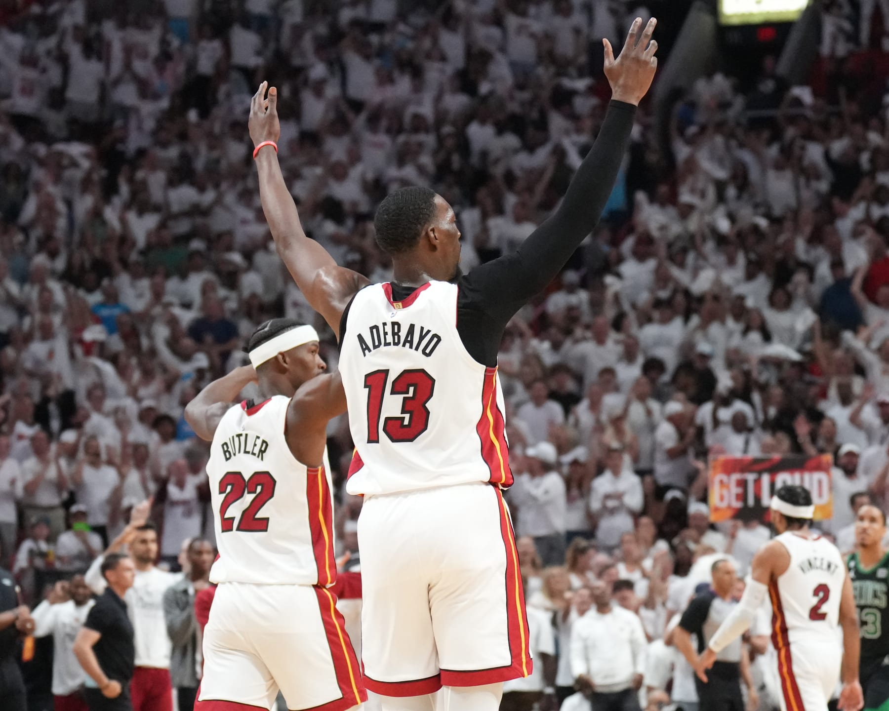 MIAMI, FL - MAY 21: Bam Adebayo #13 of the Miami Heat celebrates during Game Three of the Eastern Conference Finals against the Boston Celtics on May 21, 2023 at Miami-Dade Arena in Miami, Florida. NOTE TO USER: User expressly acknowledges and agrees that, by downloading and or using this Photograph, user is consenting to the terms and conditions of the Getty Images License Agreement. Mandatory Copyright Notice: Copyright 2023 NBAE (Photo by Jesse D. Garrabrant/NBAE via Getty Images) MIAMI, FL - MAY 21: Bam Adebayo #13 of the Miami Heat celebrates during Game Three of the Eastern Conference Finals against the Boston Celtics on May 21, 2023 at Miami-Dade Arena in Miami, Florida. NOTE TO USER: User expressly acknowledges and agrees that, by downloading and or using this Photograph, user is consenting to the terms and conditions of the Getty Images License Agreement. Mandatory Copyright Notice: Copyright 2023 NBAE (Photo by Jesse D. Garrabrant/NBAE via Getty Images)