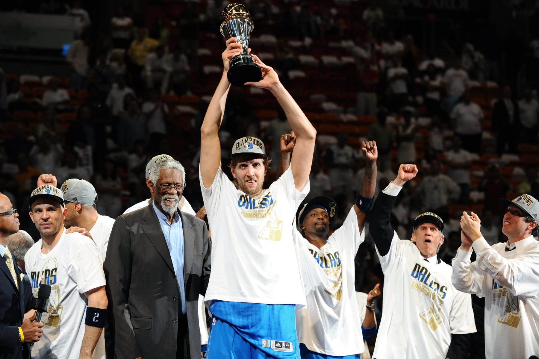 MIAMI, FL - JUNE 12: Dirk Nowitzki #41 of the Dallas Mavericks celebrates deafeating the Miami Heat in Game Six of the 2011 NBA Finals on June 12, 2011 at the American Airlines Arena in Miami, Florida. NOTE TO USER: User expressly acknowledges and agrees that, by downloading and/or using this photograph, user is consenting to the terms and conditions of the Getty Images License Agreement. Mandatory Copyright Notice: Copyright 2011 NBAE (Photo by Garrett Ellwood/NBAE via Getty Images) MIAMI, FL - JUNE 12: Dirk Nowitzki #41 of the Dallas Mavericks celebrates deafeating the Miami Heat in Game Six of the 2011 NBA Finals on June 12, 2011 at the American Airlines Arena in Miami, Florida. NOTE TO USER: User expressly acknowledges and agrees that, by downloading and/or using this photograph, user is consenting to the terms and conditions of the Getty Images License Agreement. Mandatory Copyright Notice: Copyright 2011 NBAE (Photo by Garrett Ellwood/NBAE via Getty Images)