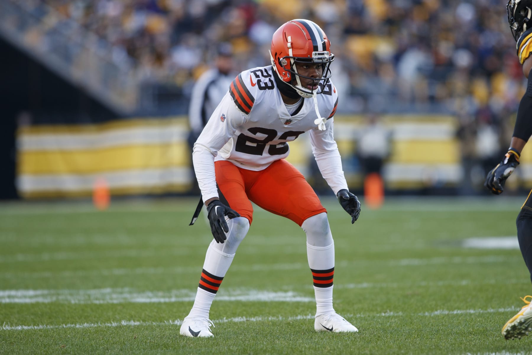 Cleveland Browns cornerback Martin Emerson Jr. (23) defends during an NFL football game, Sunday, Jan. 8, 2023, in Pittsburgh, PA. (AP Photo/Matt Durisko)