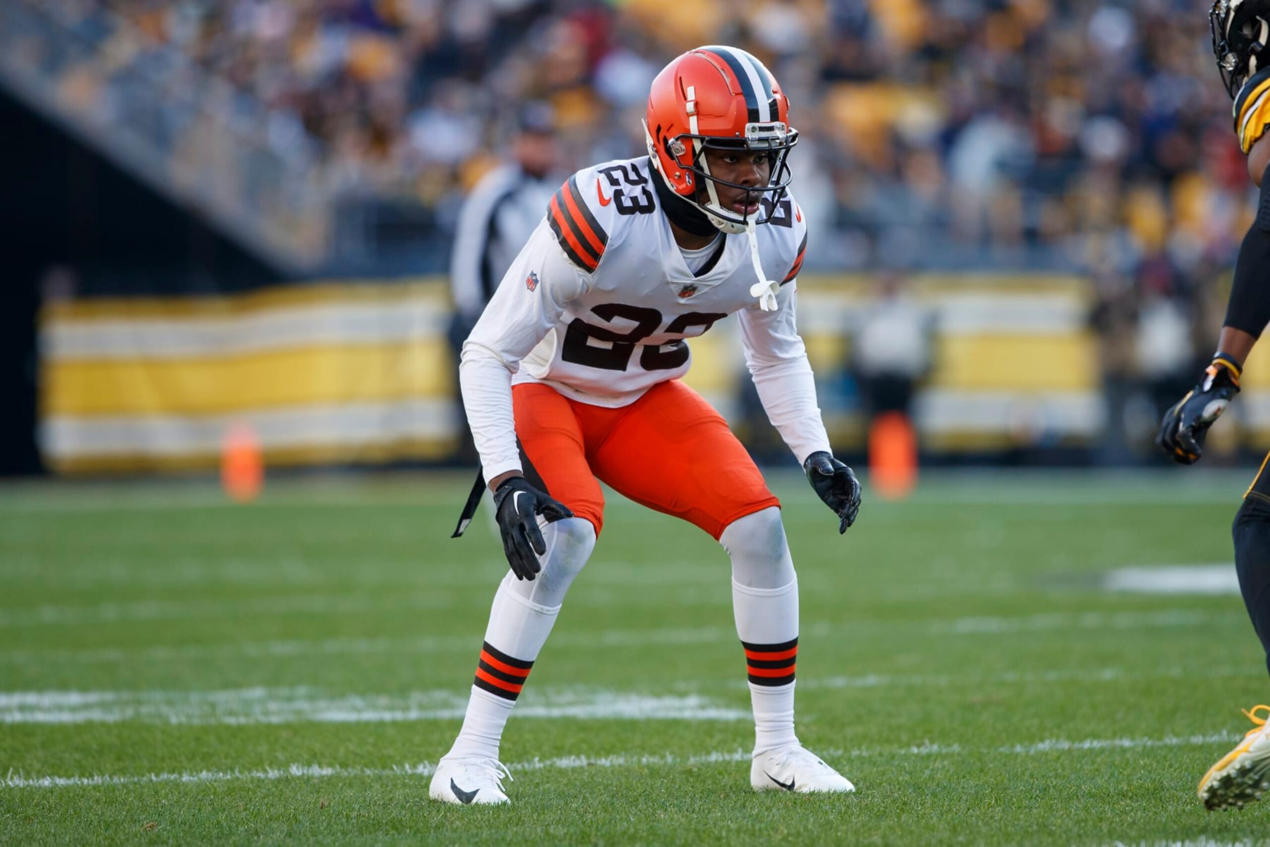 Cleveland Browns cornerback Martin Emerson Jr. (23) defends during an NFL football game, Sunday, Jan. 8, 2023, in Pittsburgh, PA. (AP Photo/Matt Durisko)