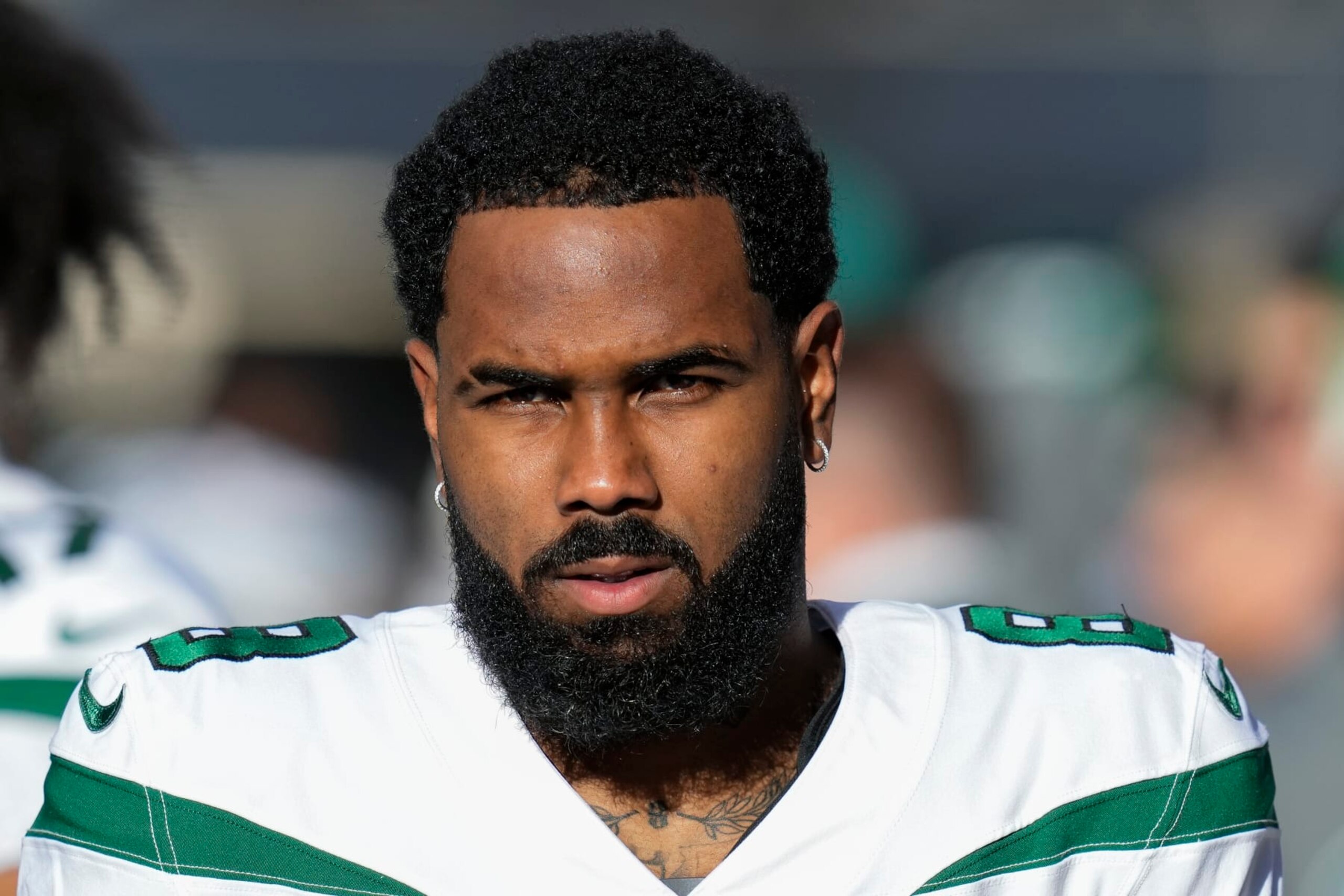New York Jets wide receiver Elijah Moore stands on the sideline before an NFL football game against the Seattle Seahawks, Sunday, Jan. 1, 2023, in Seattle. (AP Photo/Godofredo A. Vásquez)